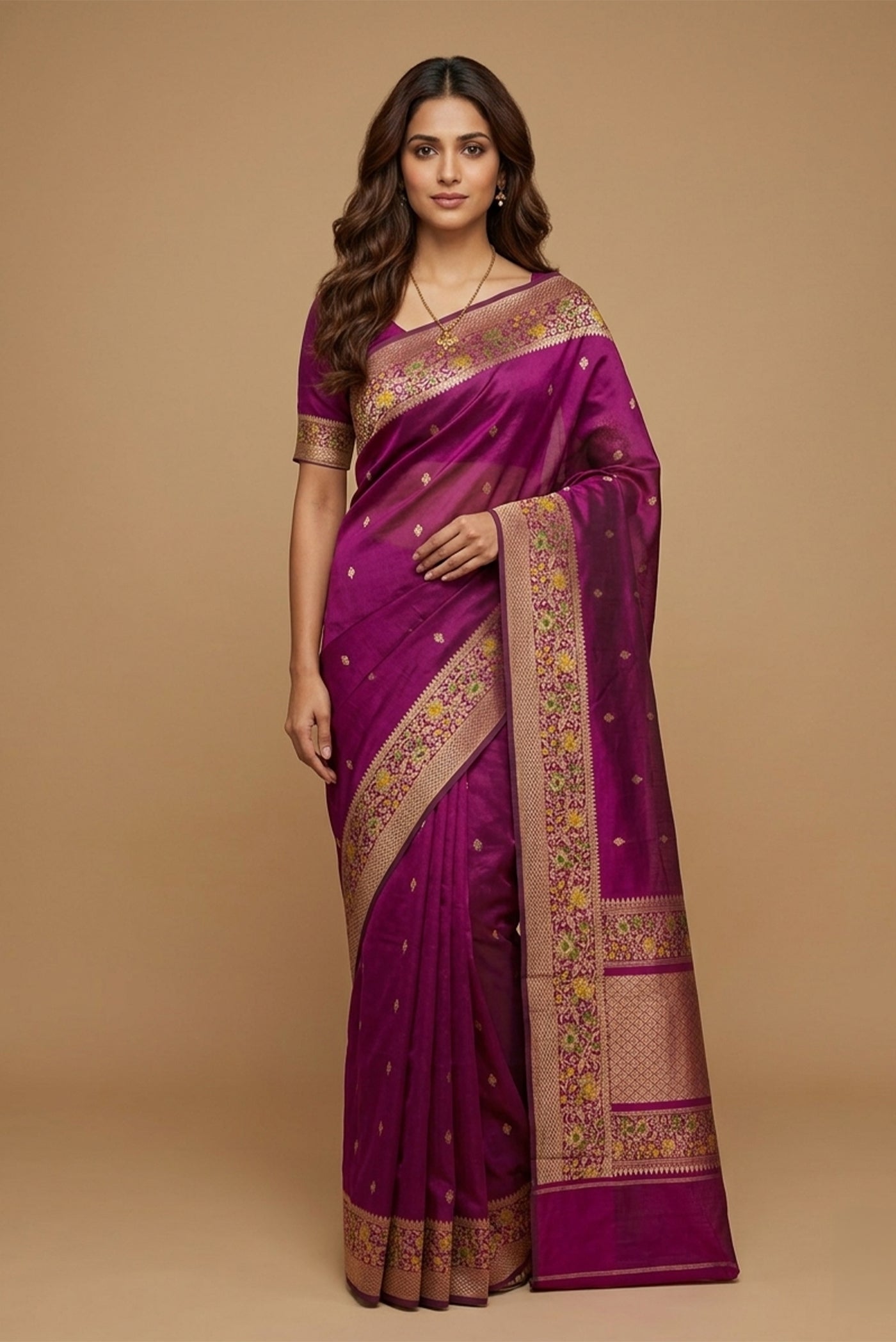 Model wearing a Purple Banarasi Katan Silk Saree with Zari Butta on the body and Zari Border.