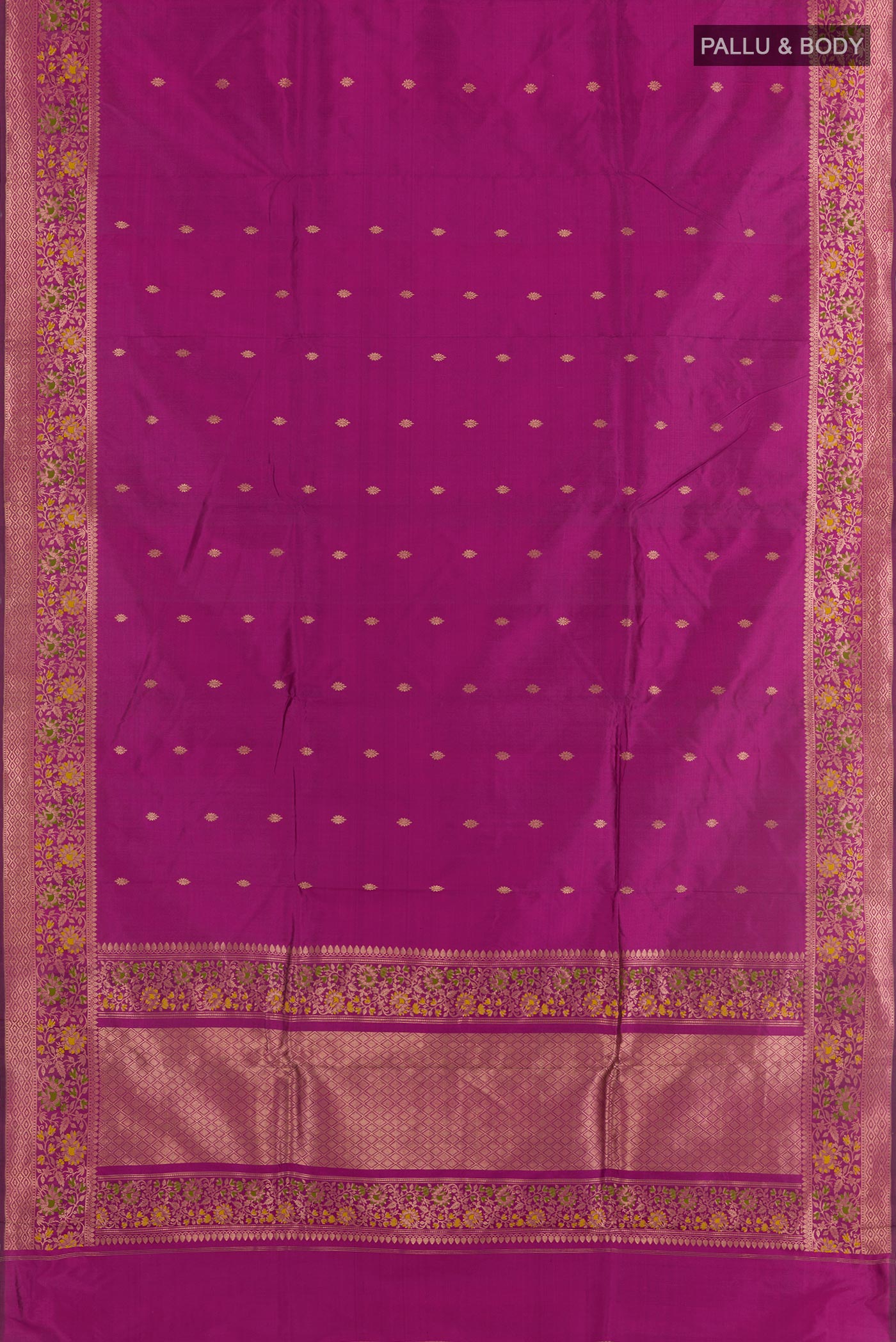 Flat view of Purple Dual Tone Banarasi Katan Silk Saree with Zari Butta on the body and Zari Border. 