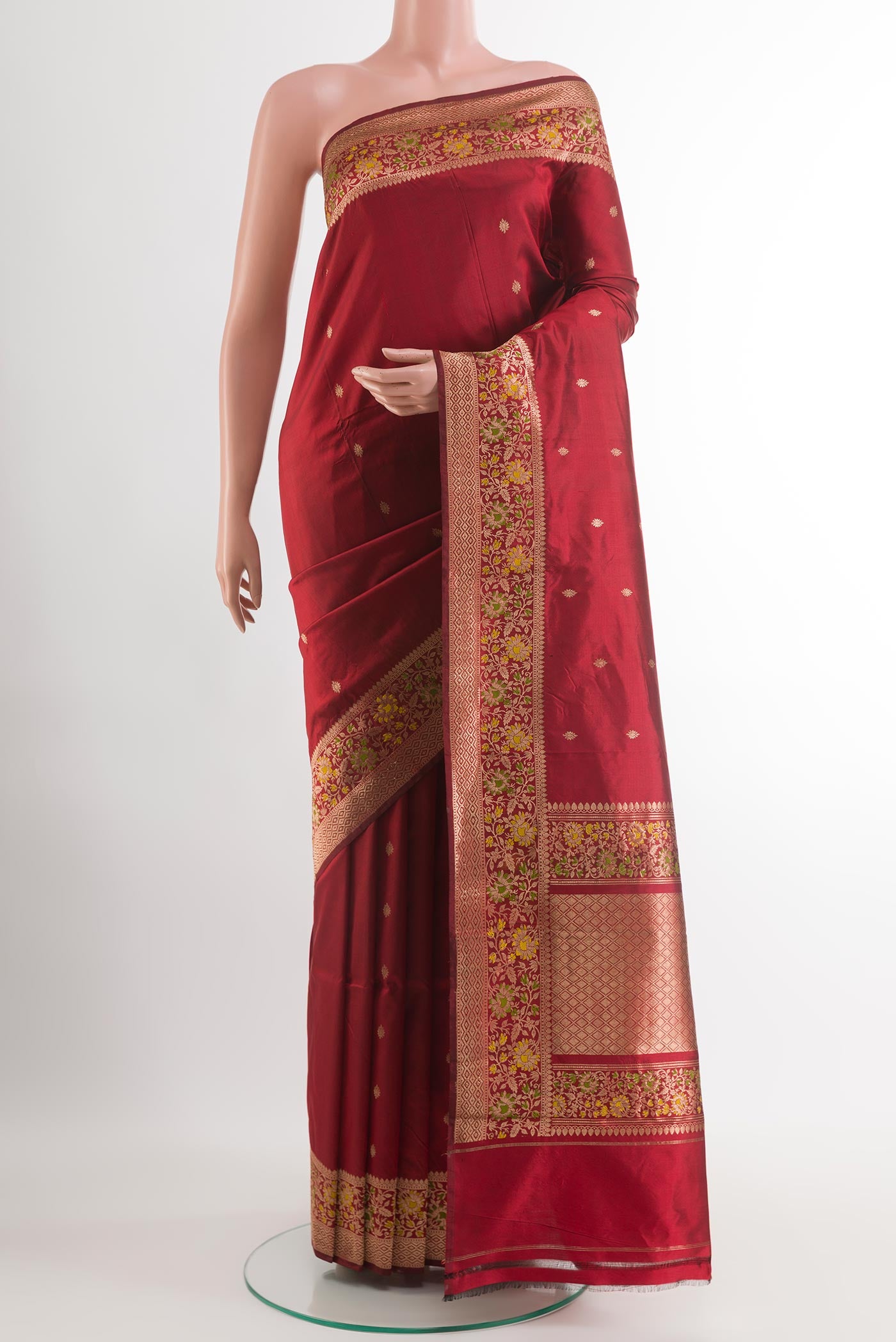 Red Banarasi Katan Silk Saree with Zari Butta on the body and Zari Border.  displayed on a mannequin