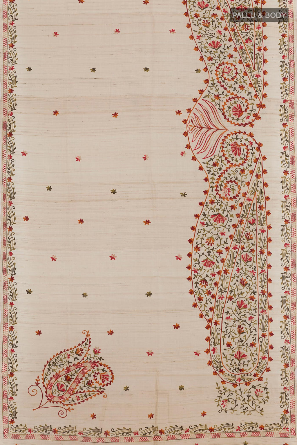 Flat view of Beige Tussar Silk Saree with Embroidery on the body and Embroidery Border. 