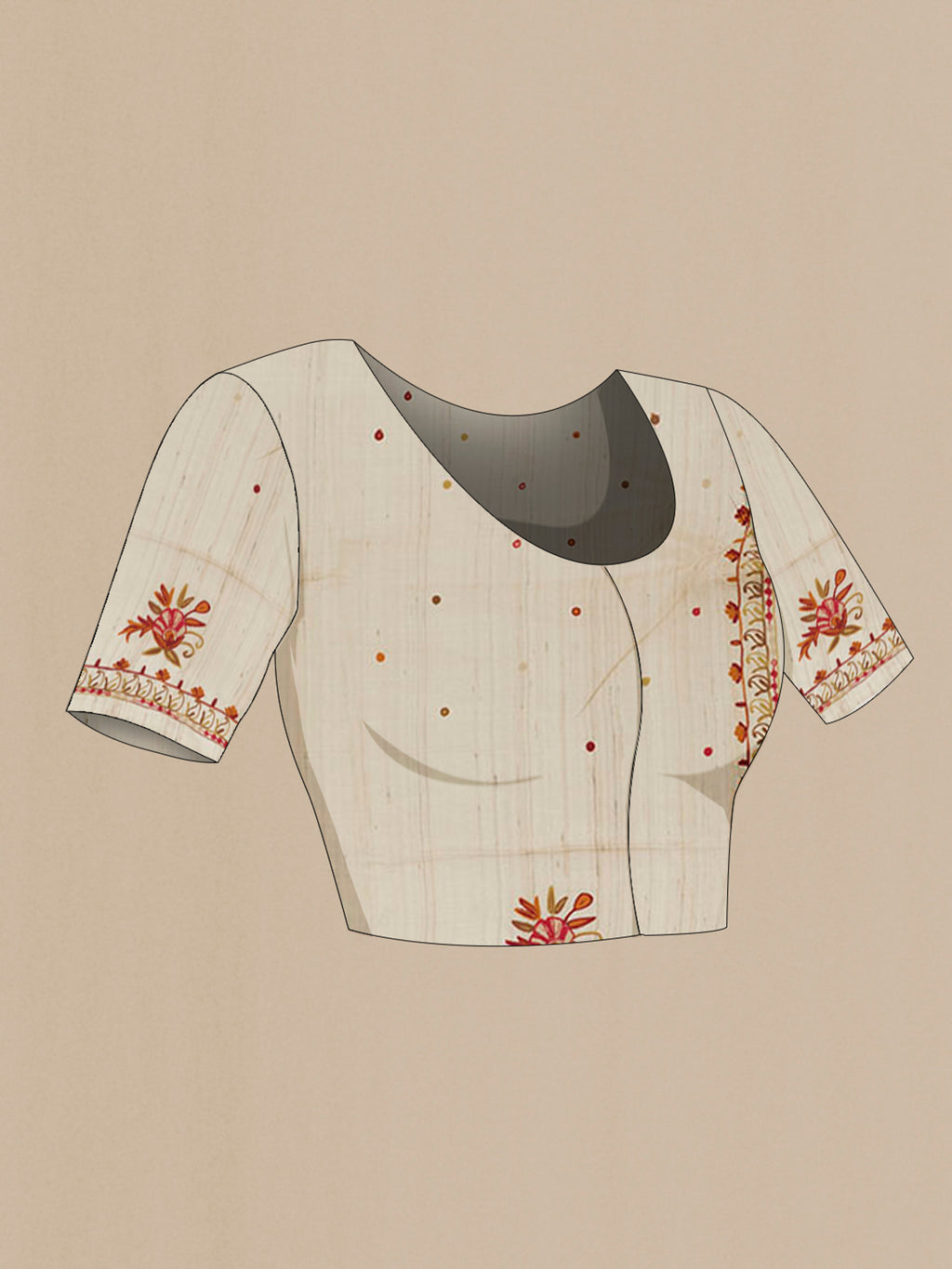 Close up image of the blouse of Off White Tussar Saree with Embroidery on the body and Embroidery Border. 