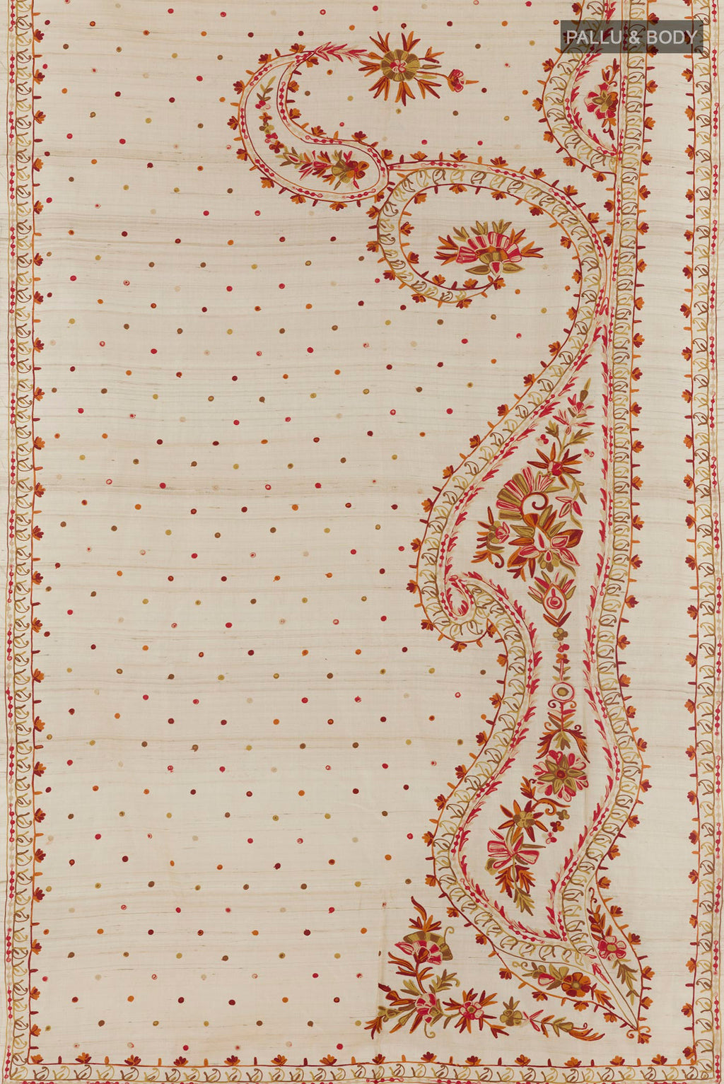 Flat view of Off White Tussar Saree with Embroidery on the body and Embroidery Border. 