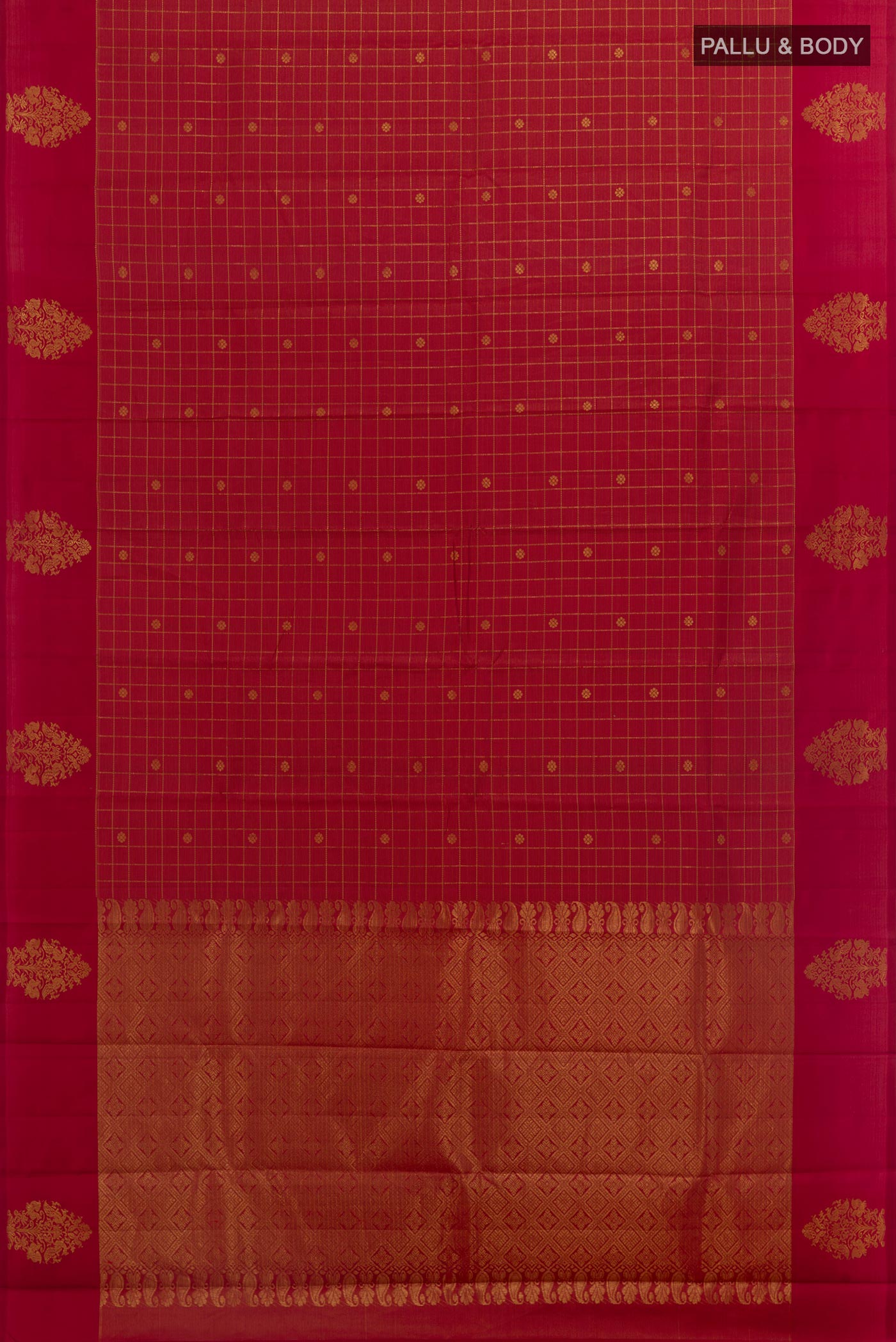 Flat view of Red Kanjivaram Silk Saree with Checked design on the body and Zari Border. 