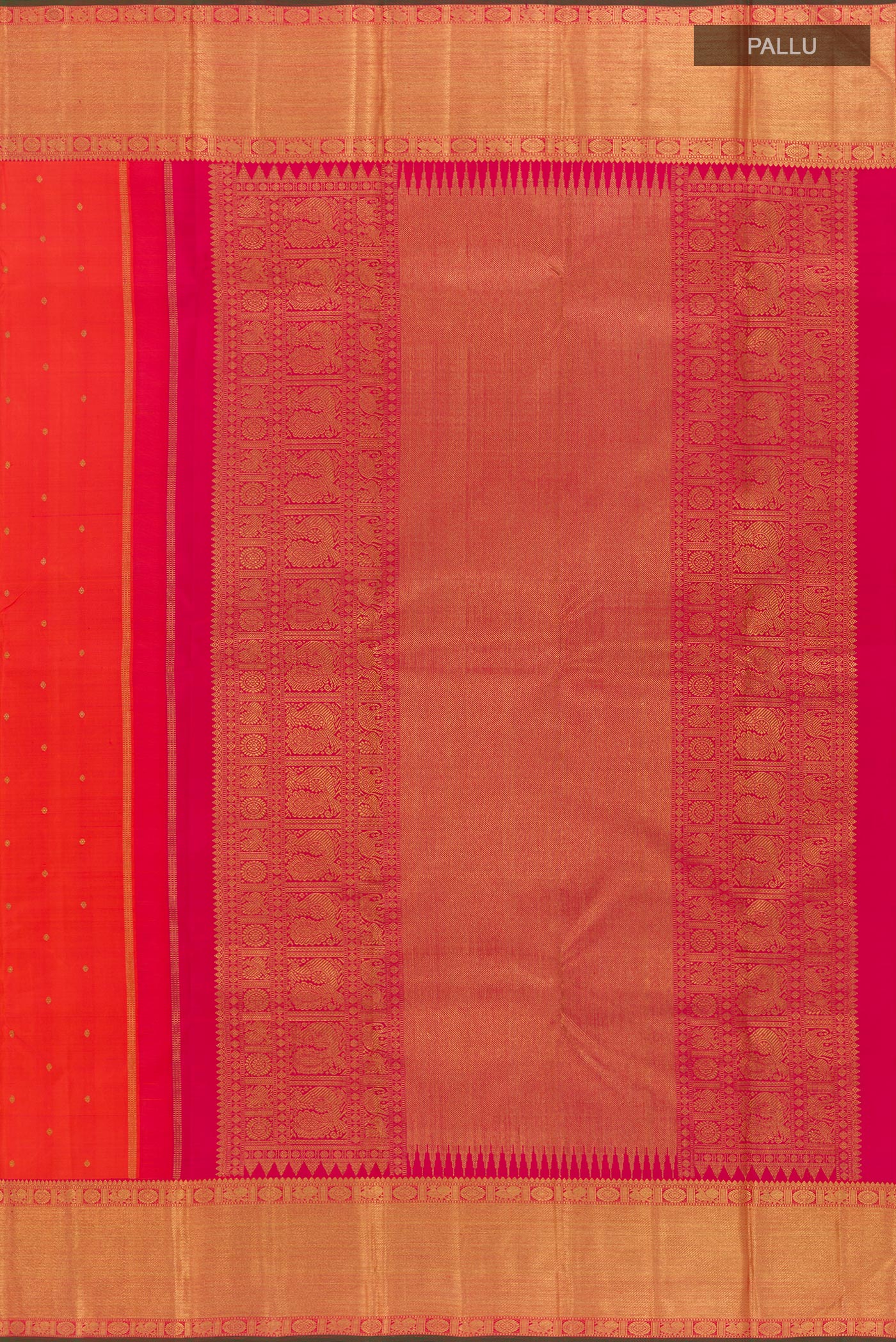 Close up image of the pallu of Pure Silk Pure Zari Orange Kanjivaram Saree with Zari Butta on the body and Zari Border. 