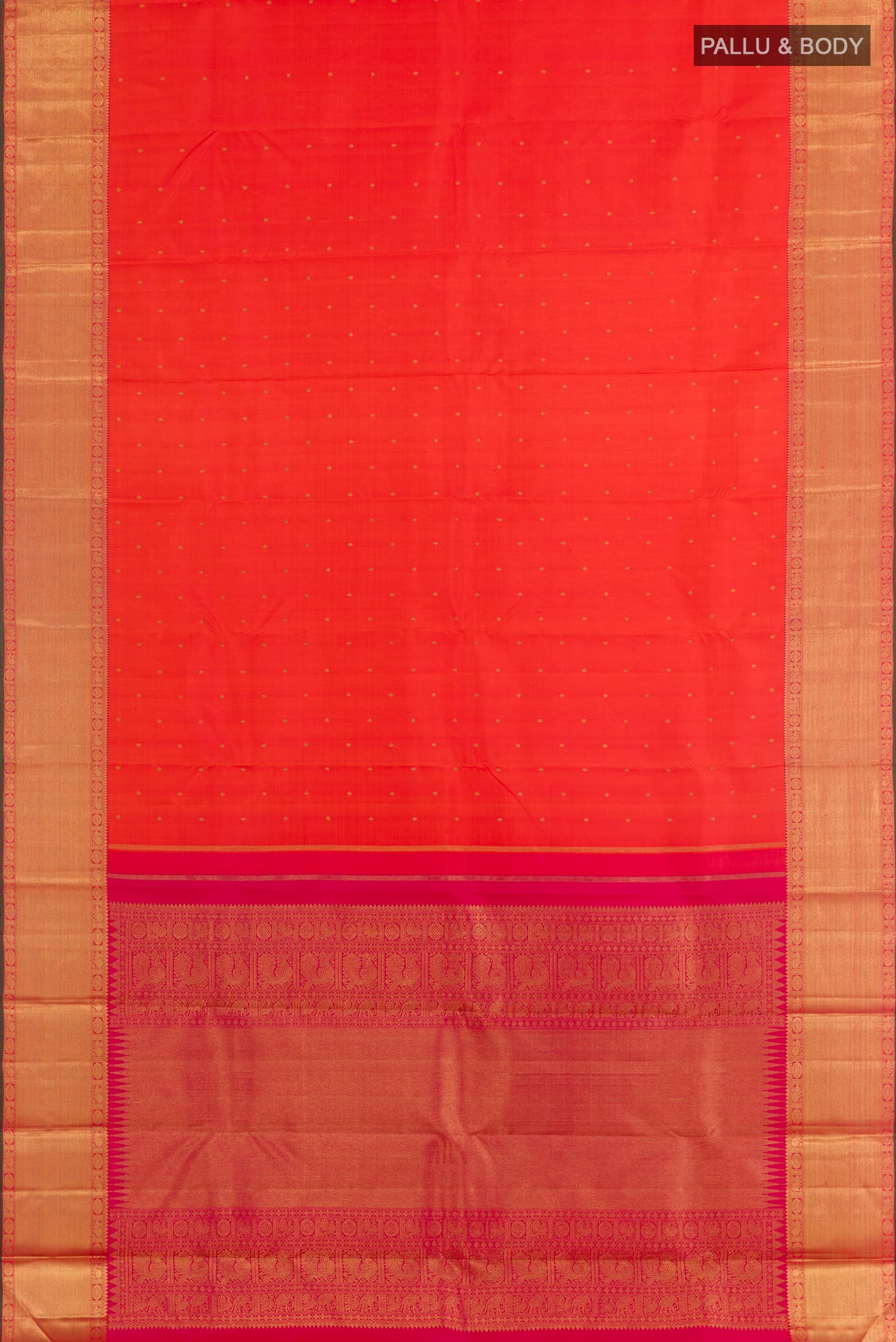 Flat view of Pure Silk Pure Zari Orange Kanjivaram Saree with Zari Butta on the body and Zari Border. 