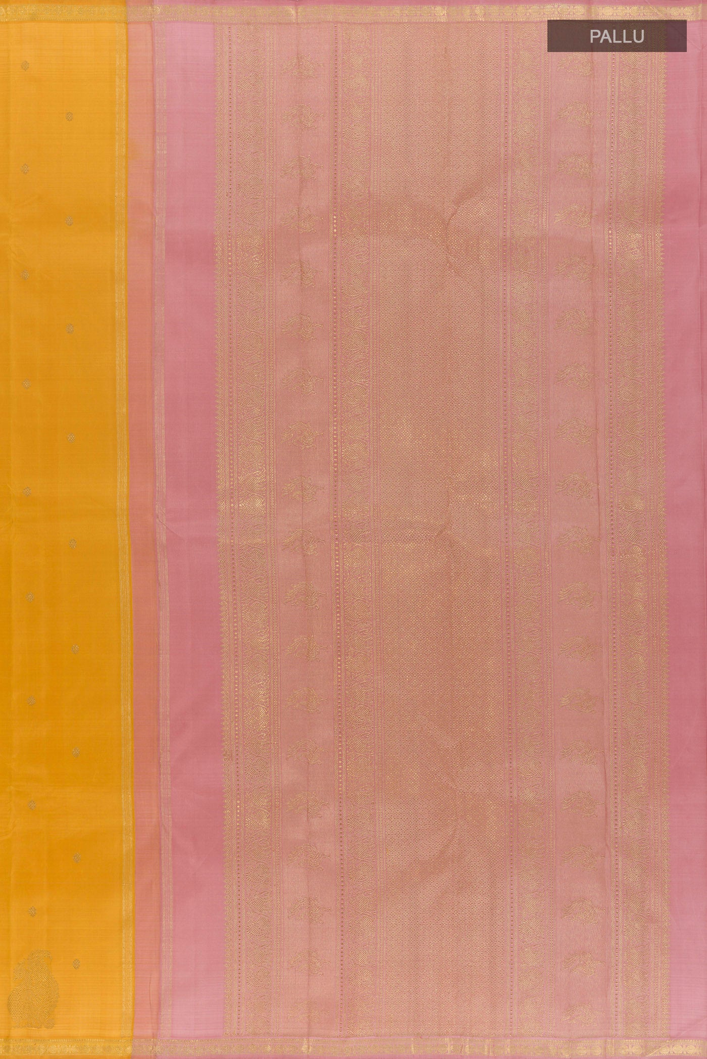 Close up image of the pallu of Yellow Kanchipuram Silk Saree with Zari Butta on the body and Zari Border. 