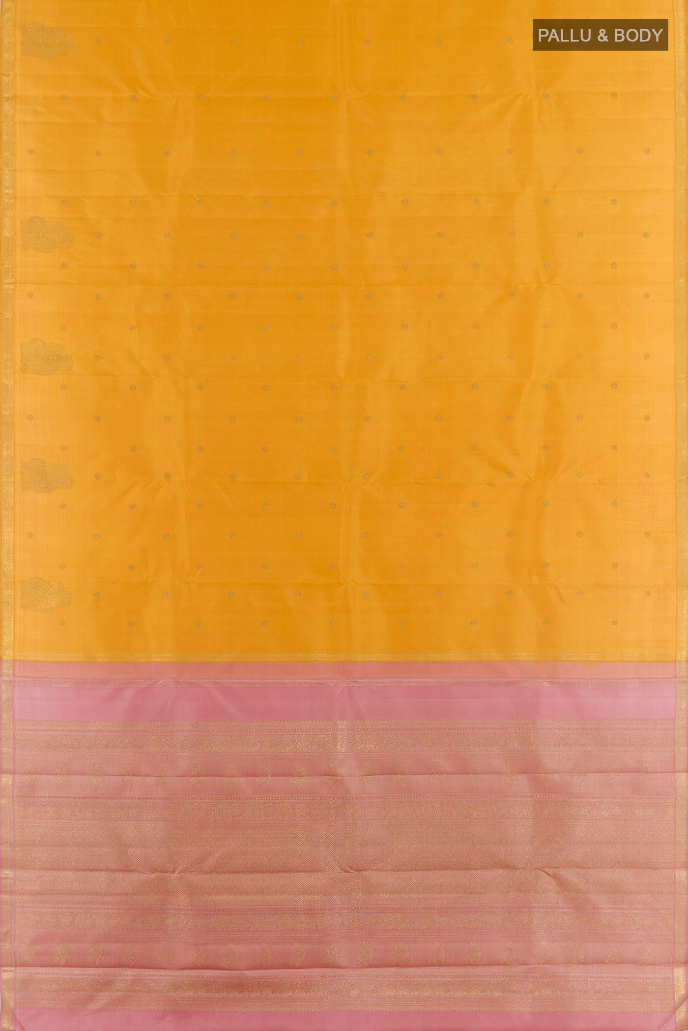 Flat view of Yellow Kanchipuram Silk Saree with Zari Butta on the body and Zari Border. 