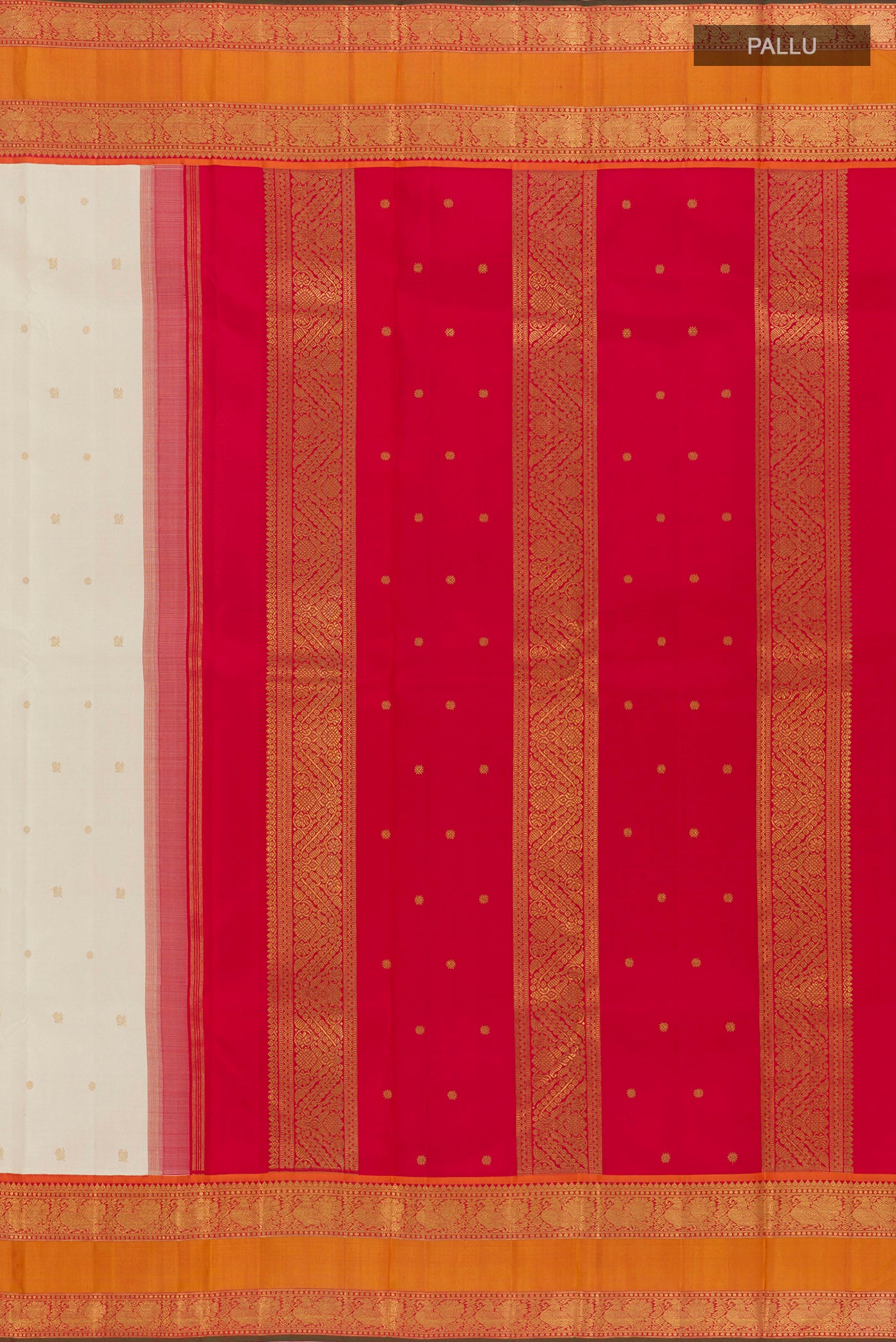Close up image of the pallu of Off White Kanjivaram Silk Saree with Zari Butta on the body and Zari Border. 