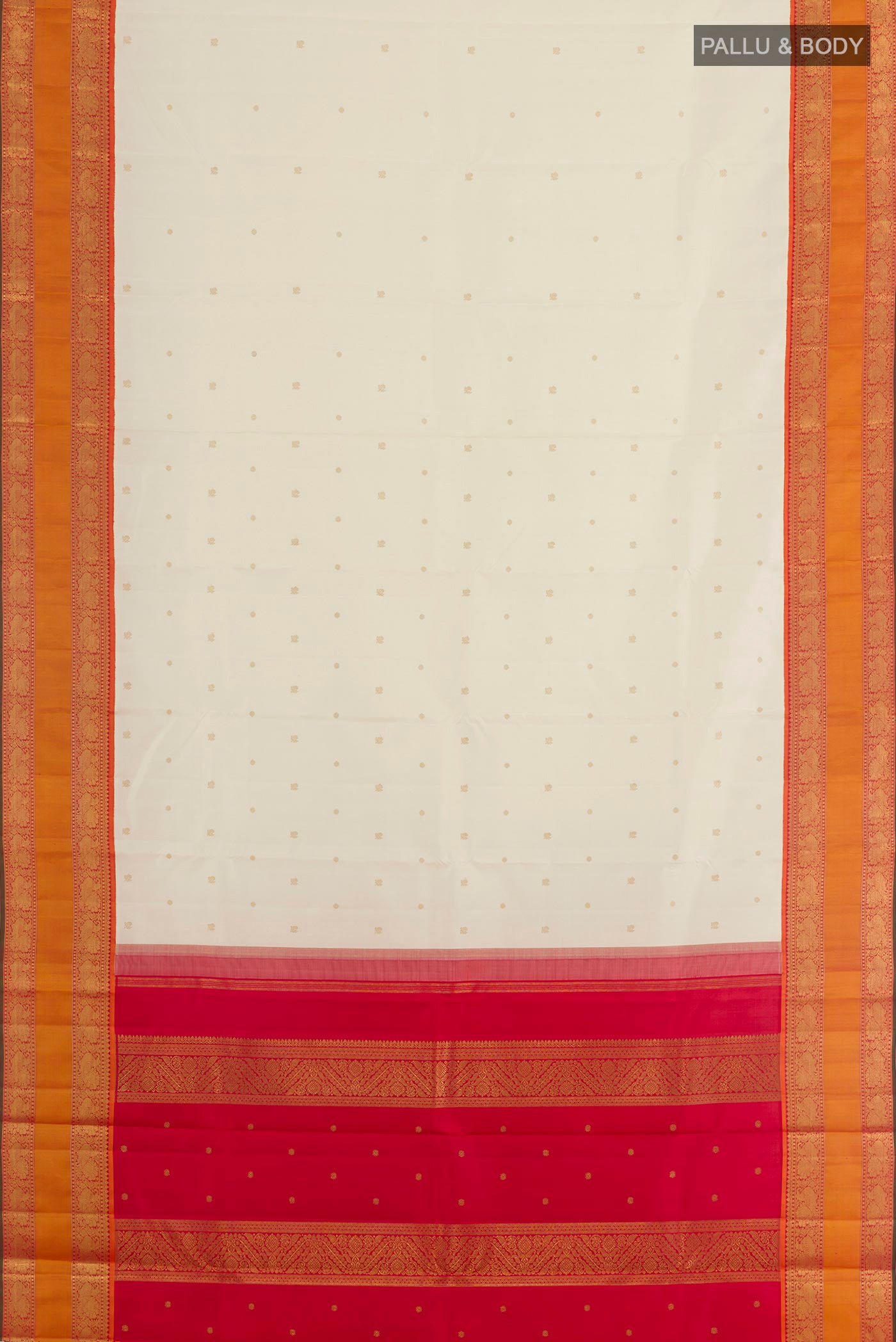 Flat view of Off White Kanjivaram Silk Saree with Zari Butta on the body and Zari Border. 