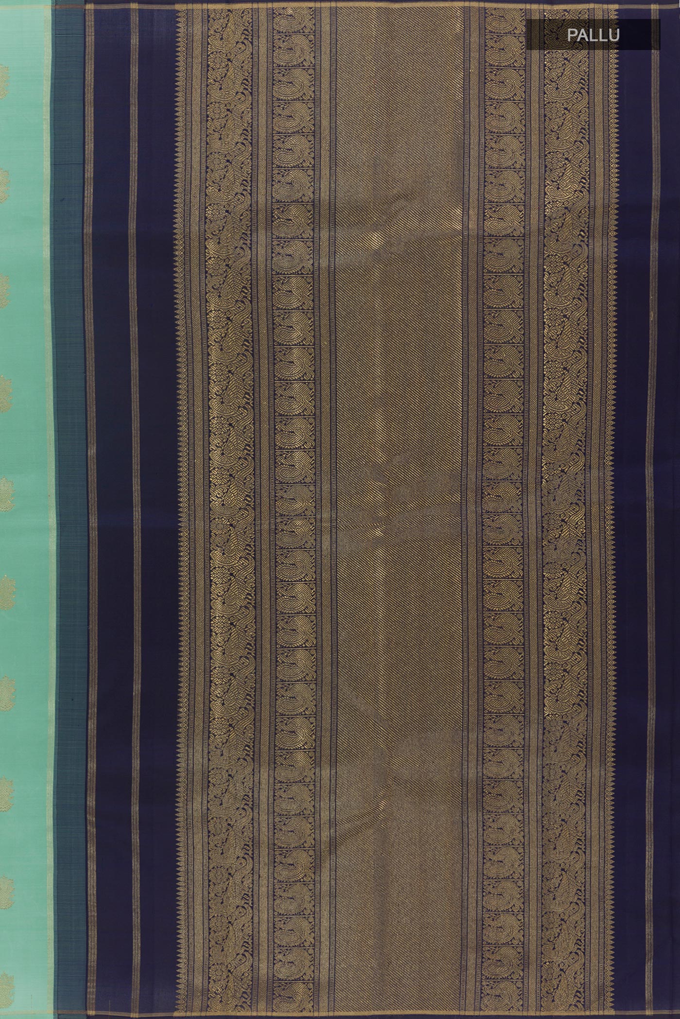 Close up image of the pallu of Pure Silk Pure Zari Light Blue Kanchipuram Saree with Zari Butta on the body and Zari Border. 