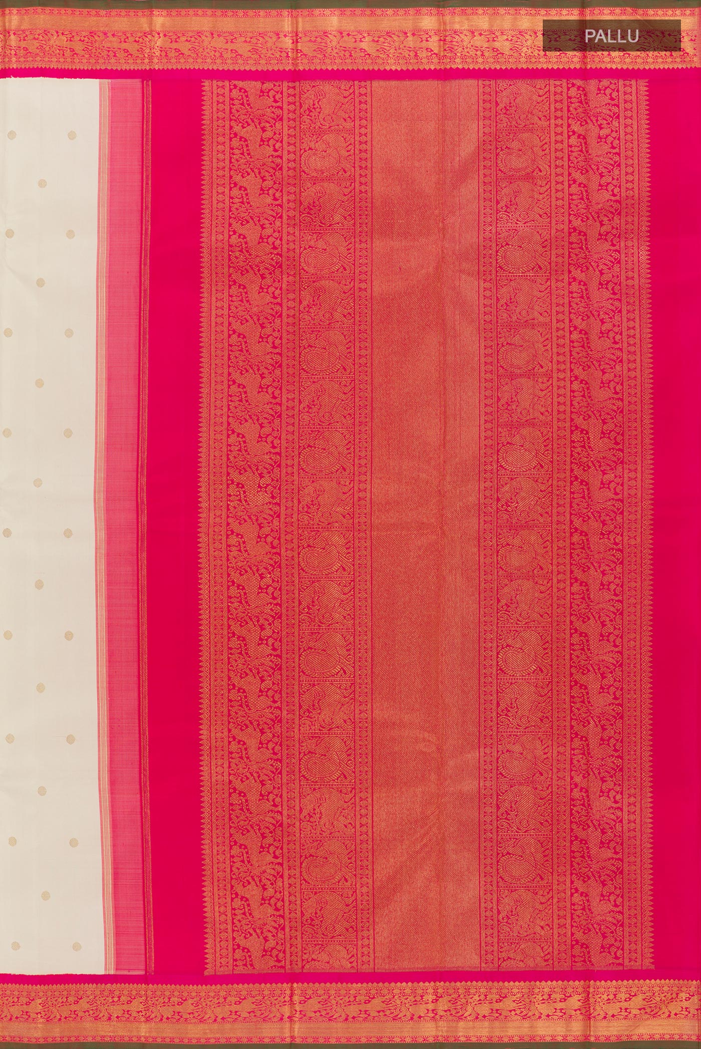 Close up image of the pallu of Pure Silk Pure Zari Off White Kanjivaram Saree with Zari Butta on the body and Zari Border. 