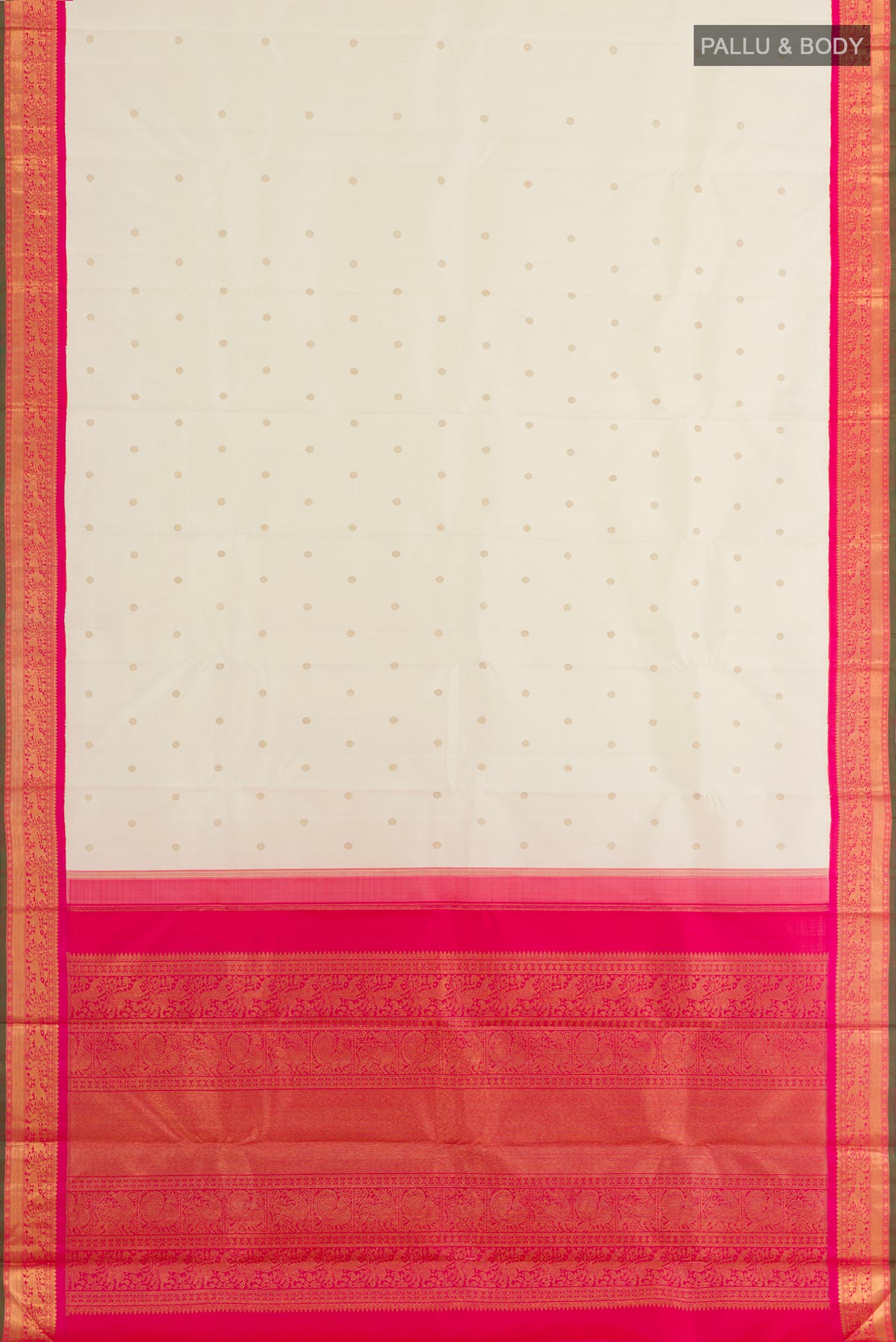 Flat view of Pure Silk Pure Zari Off White Kanjivaram Saree with Zari Butta on the body and Zari Border. 