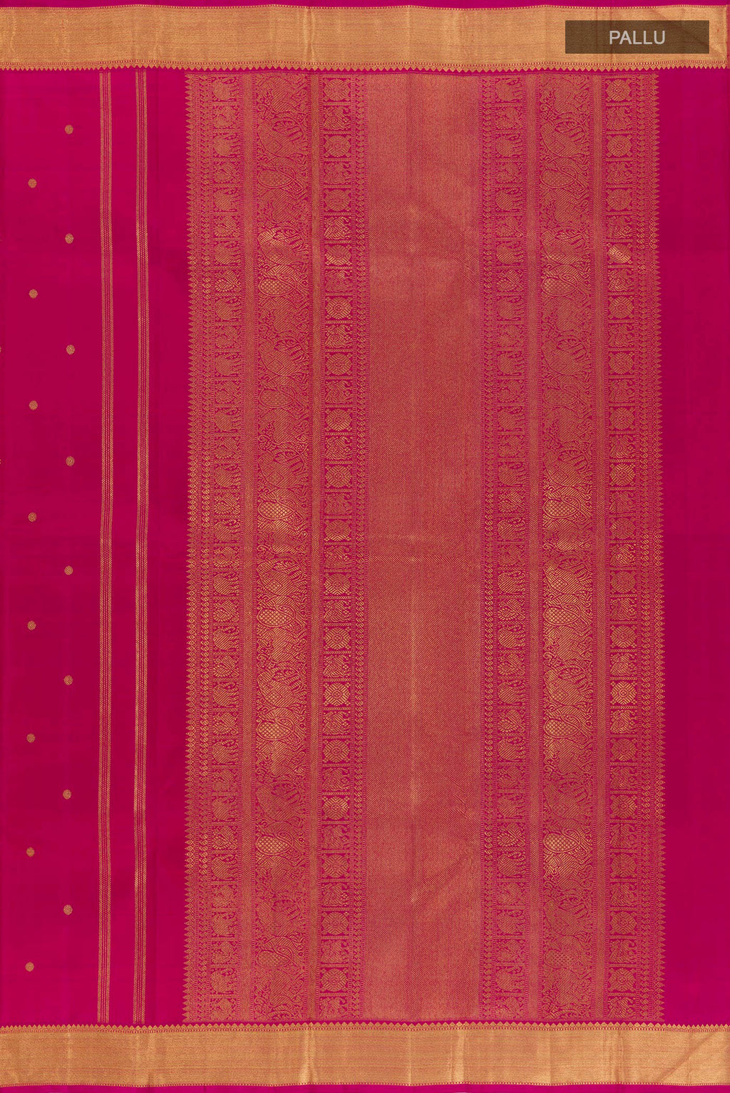 Close up image of the pallu of Rani Pink Dual Tone Kanjivaram Silk Saree with Zari Butta on the body and Zari Border. 