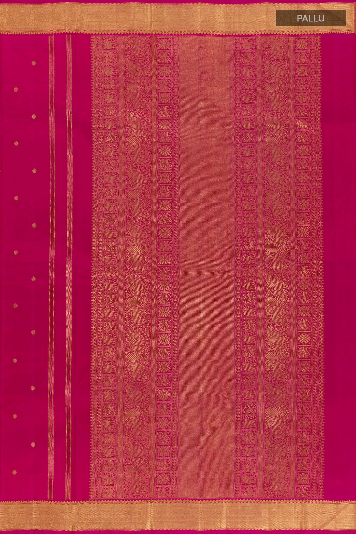 Close up image of the pallu of Rani Pink Dual Tone Kanjivaram Silk Saree with Zari Butta on the body and Zari Border. 