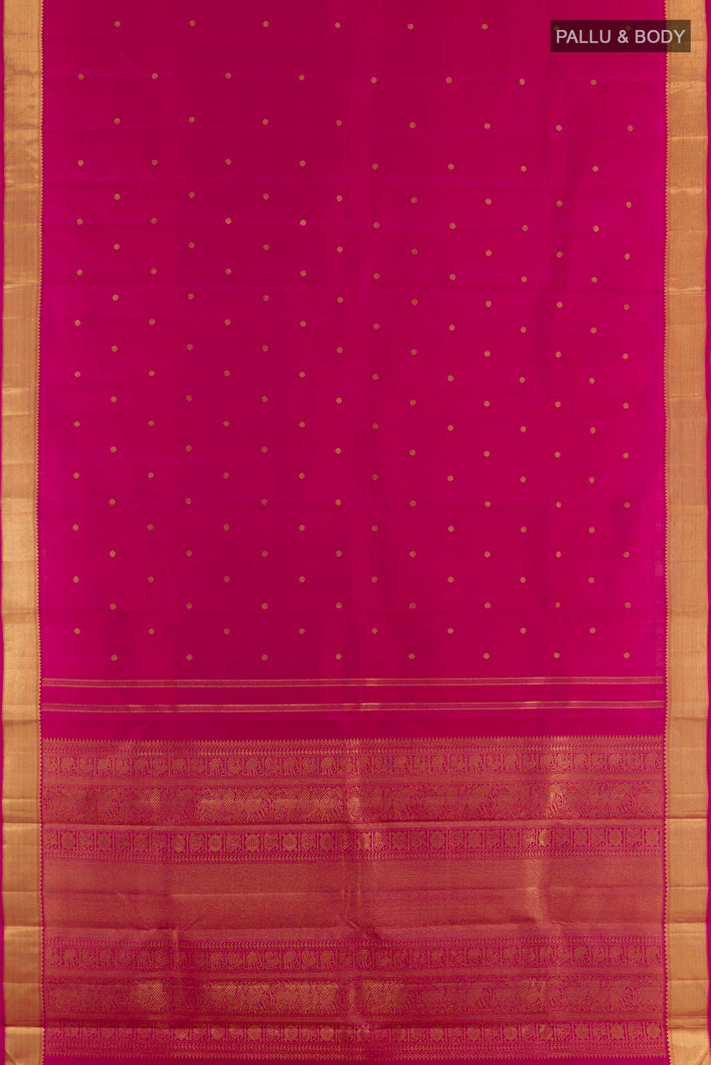 Flat view of Rani Pink Dual Tone Kanjivaram Silk Saree with Zari Butta on the body and Zari Border. 