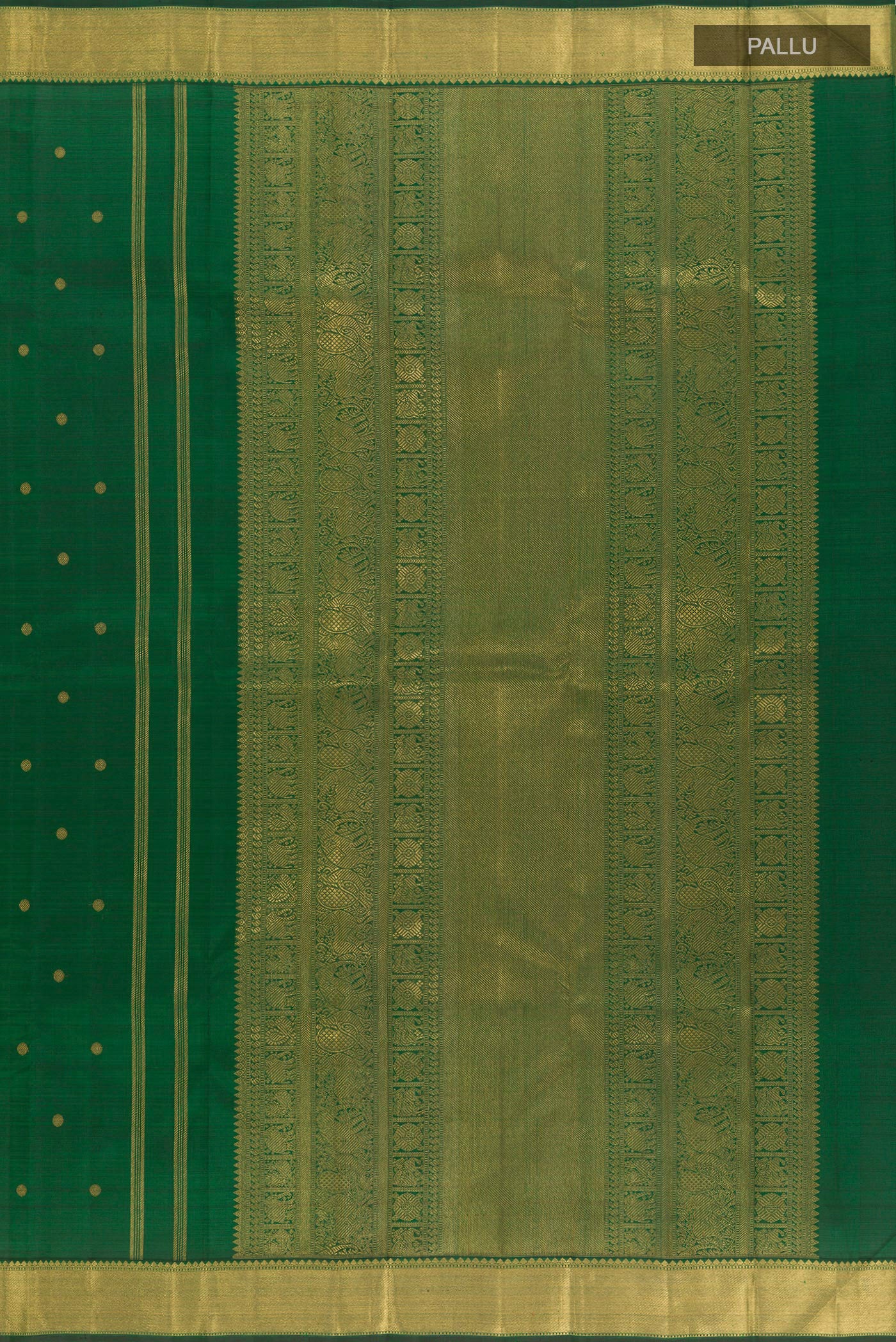 Close up image of the pallu of Green Kanjivaram Silk Saree with Zari Butta on the body and Zari Border. 