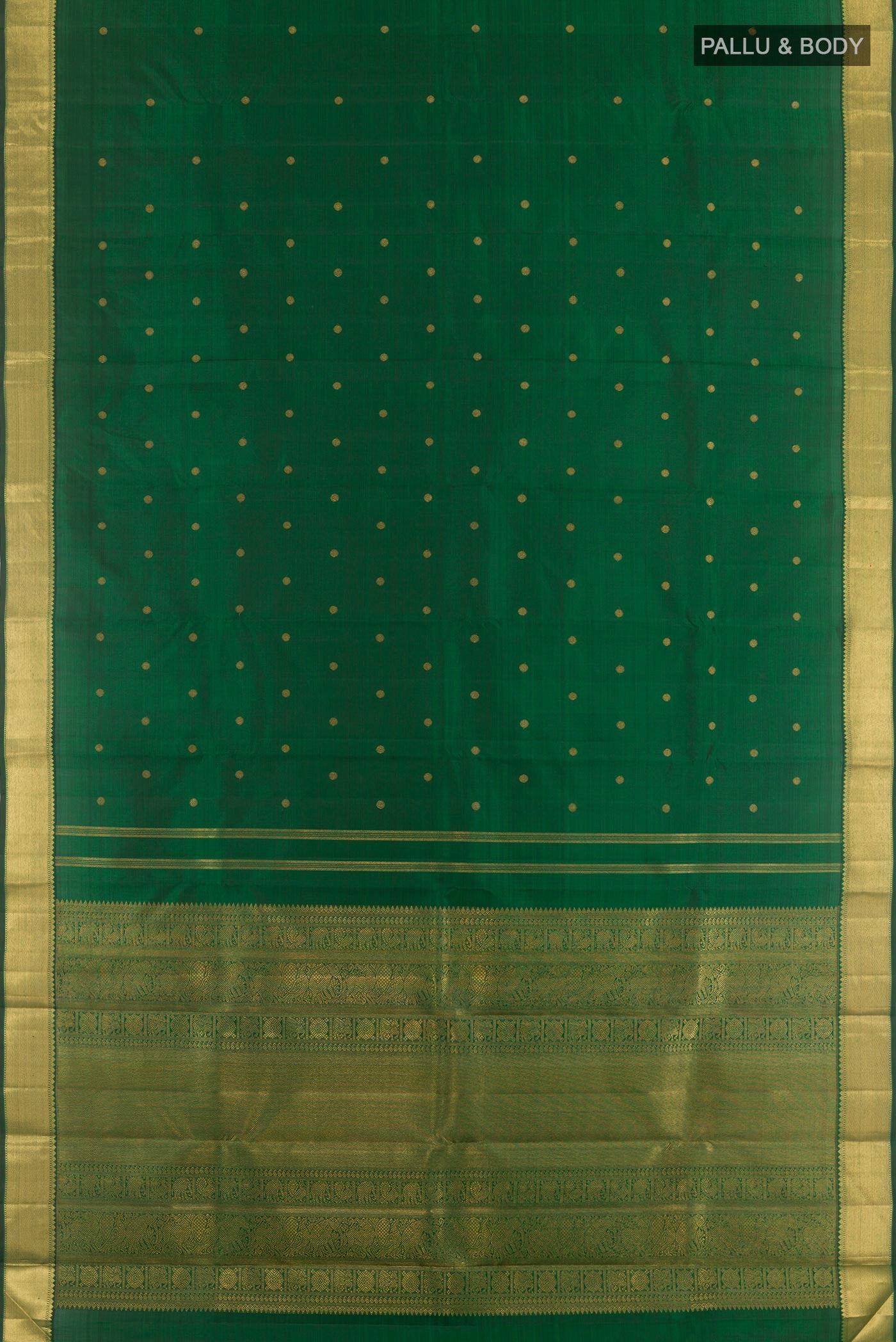 Flat view of Green Kanjivaram Silk Saree with Zari Butta on the body and Zari Border. 