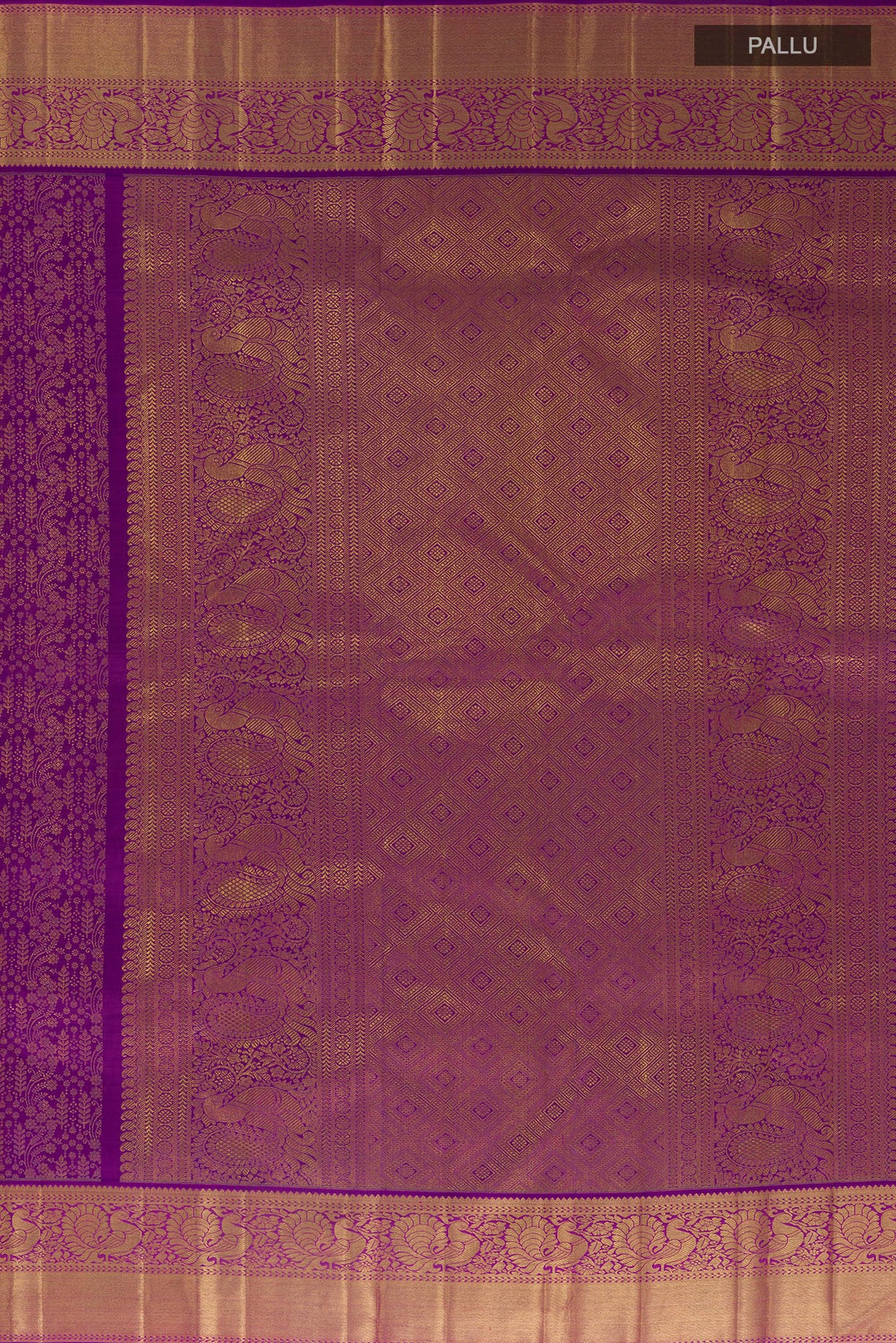 Close up image of the pallu of Pure Silk Pure Zari Purple Kanjivaram Saree with Zari Brocade on the body and Zari Border. 