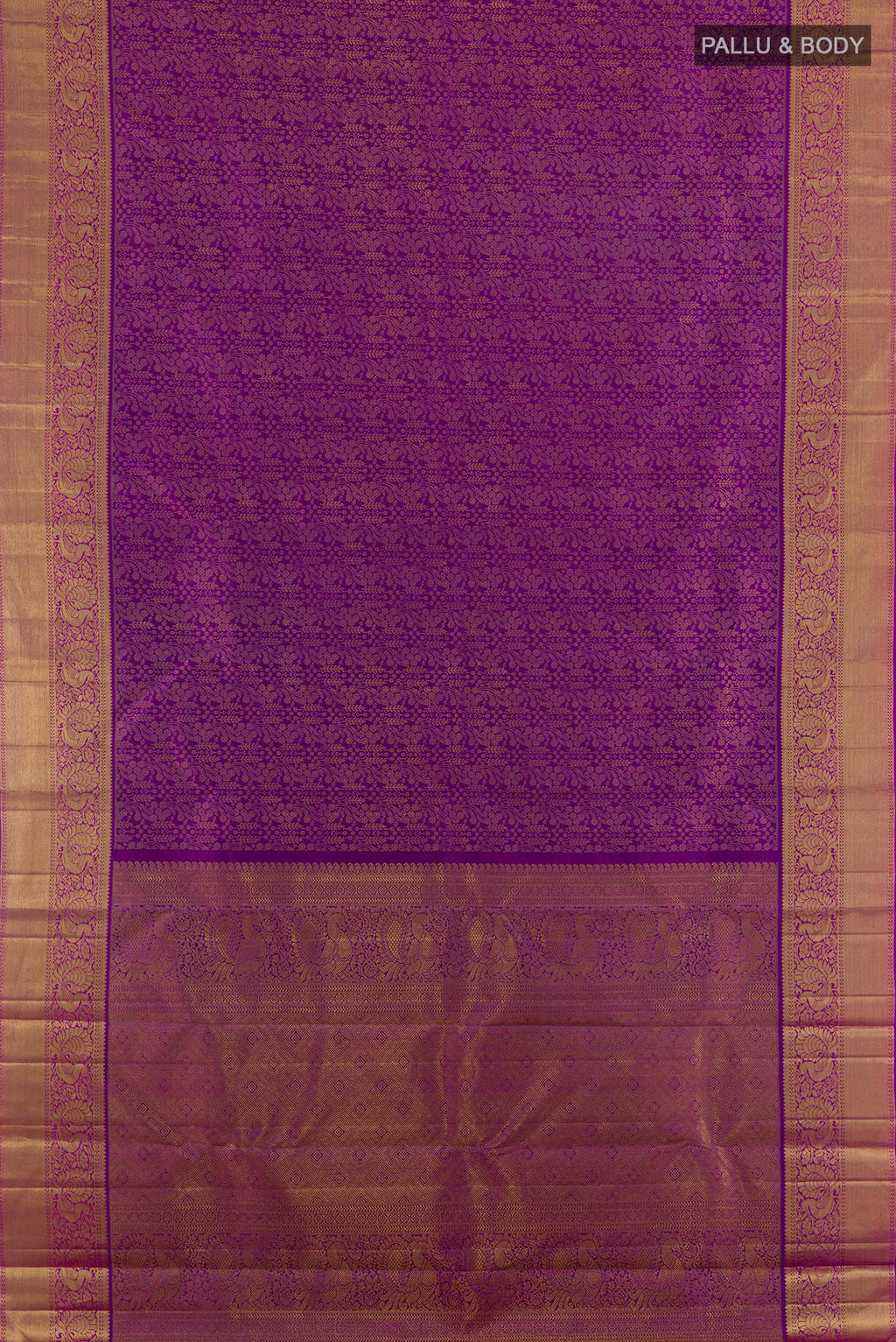 Flat view of Pure Silk Pure Zari Purple Kanjivaram Saree with Zari Brocade on the body and Zari Border. 