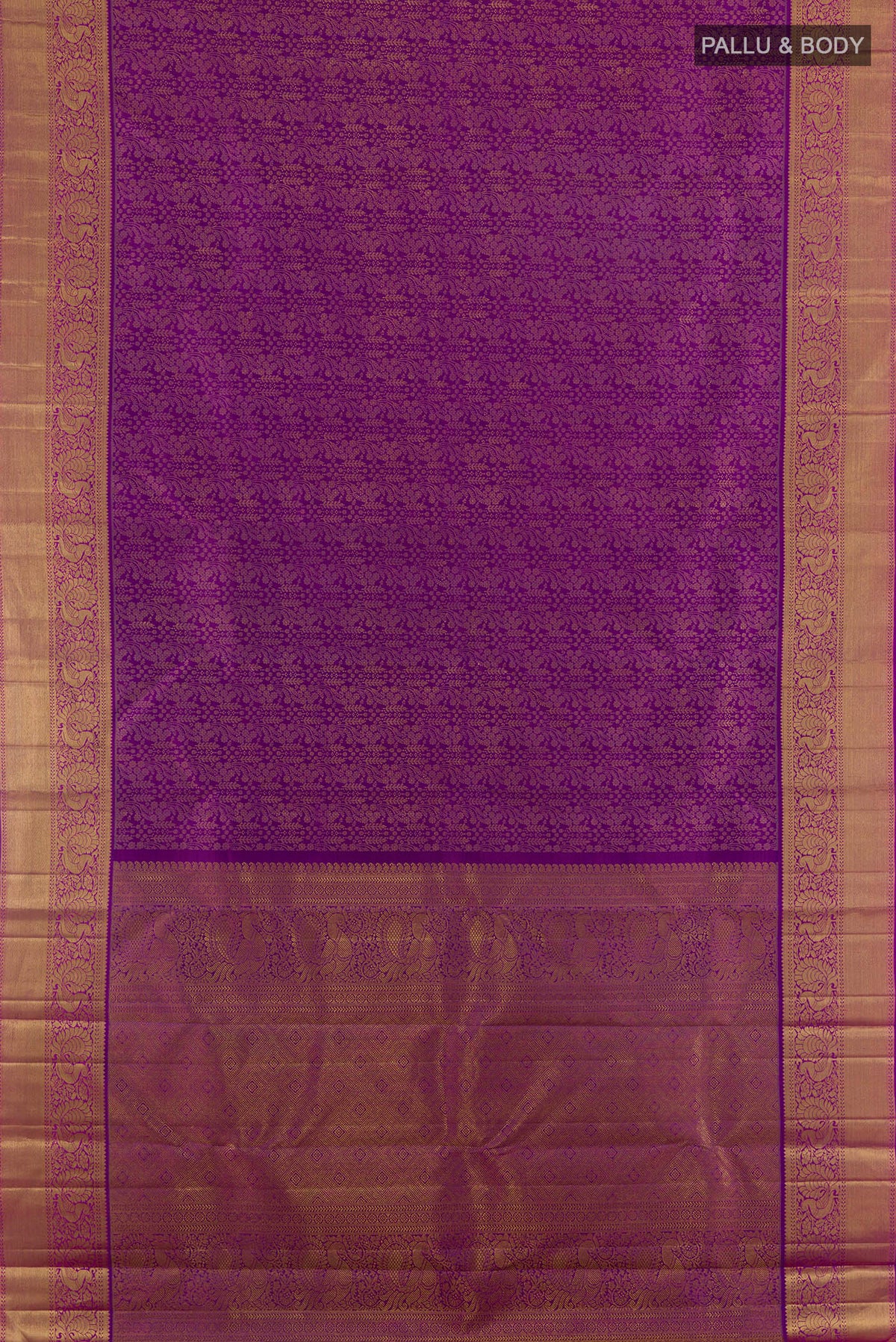 Flat view of Pure Silk Pure Zari Purple Kanjivaram Saree with Zari Brocade on the body and Zari Border. 