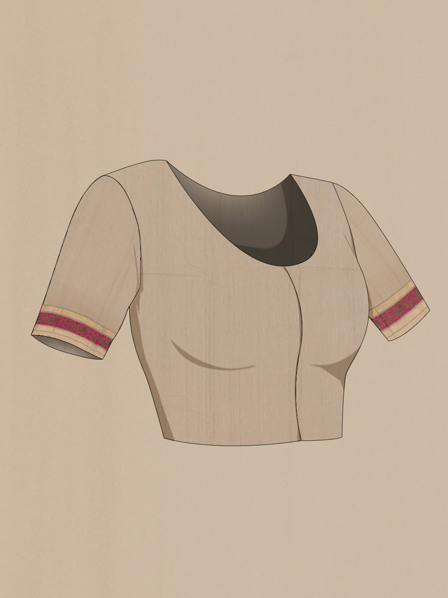 Close up image of the blouse of Grey Kanchi Cotton Saree with Ikat design on the body and Zari Border. 