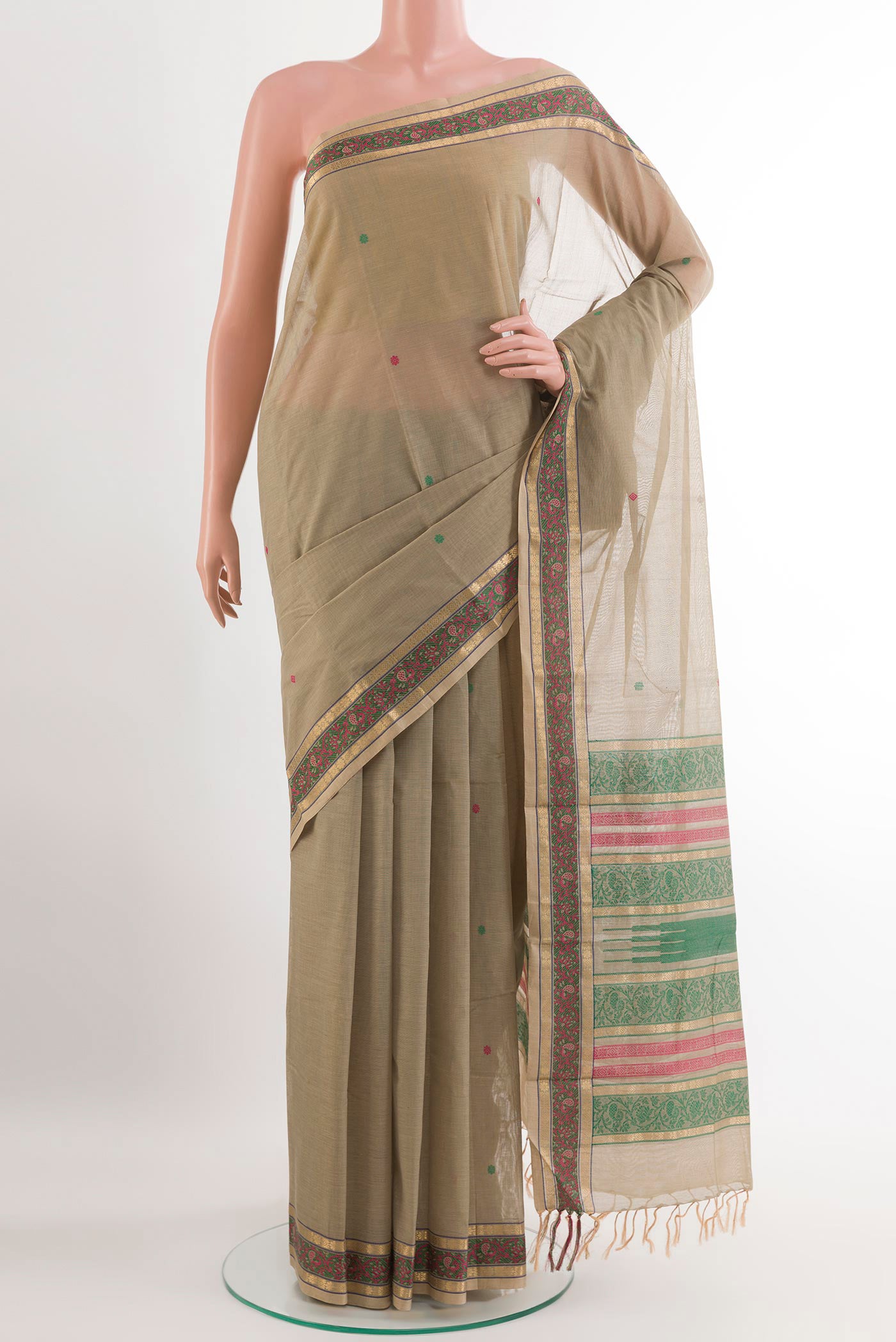 Grey Kanchi Cotton Saree with Ikat design on the body and Zari Border.  displayed on a mannequin
