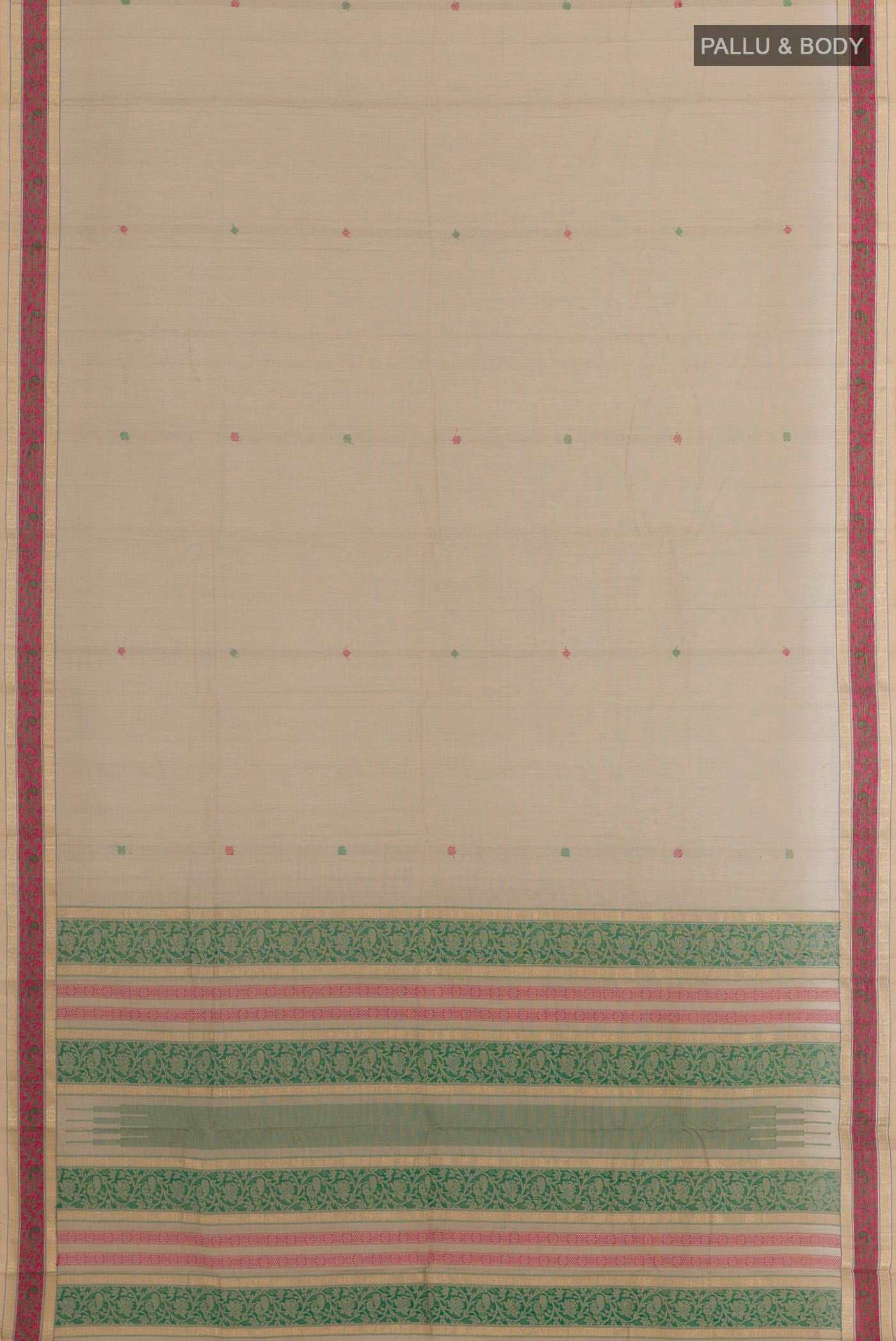 Flat view of Grey Kanchi Cotton Saree with Ikat design on the body and Zari Border. 