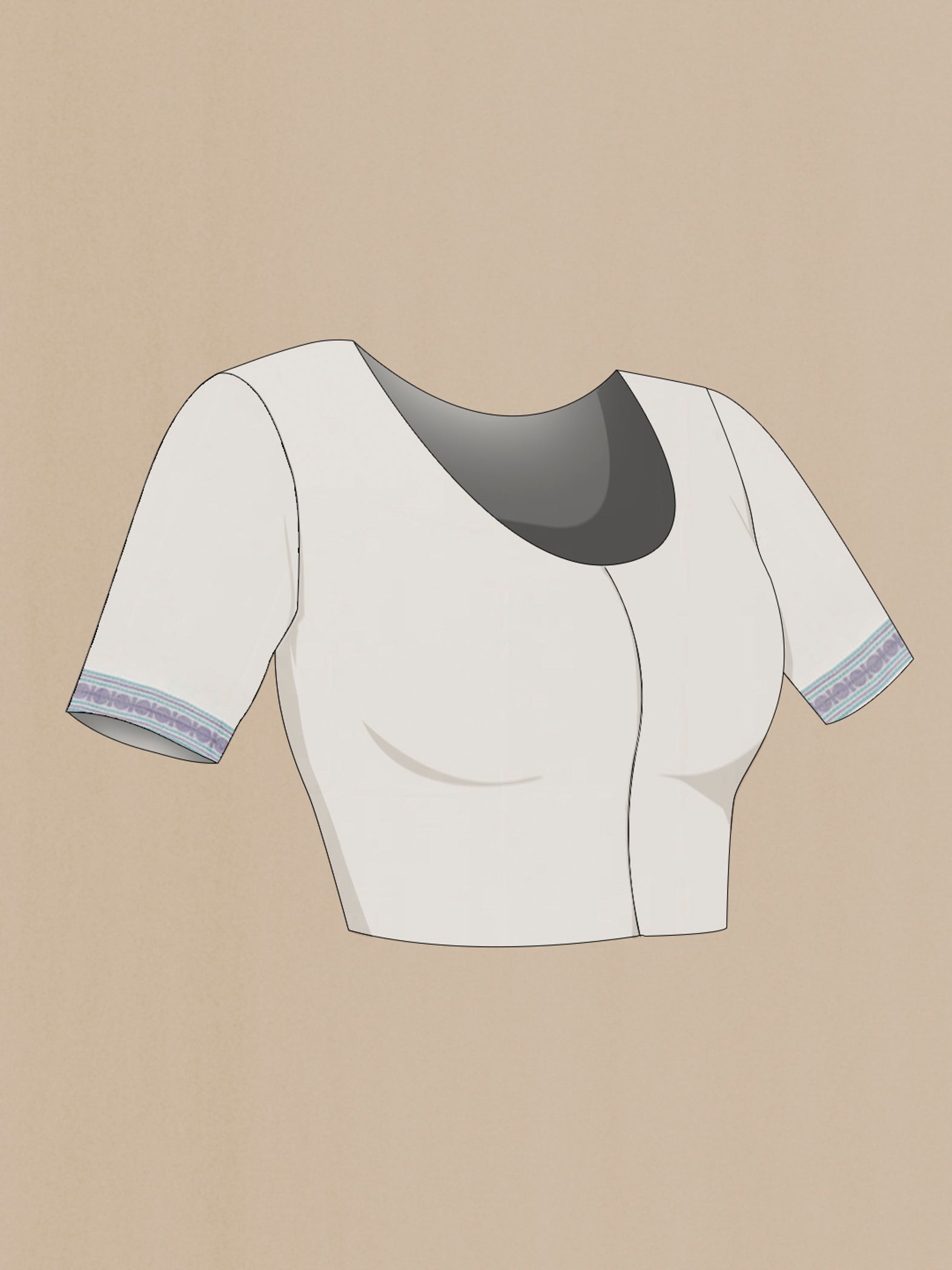 Close up image of the blouse of White Kanchi Cotton Saree with Checked design on the body and Thread Embroidery Border. 