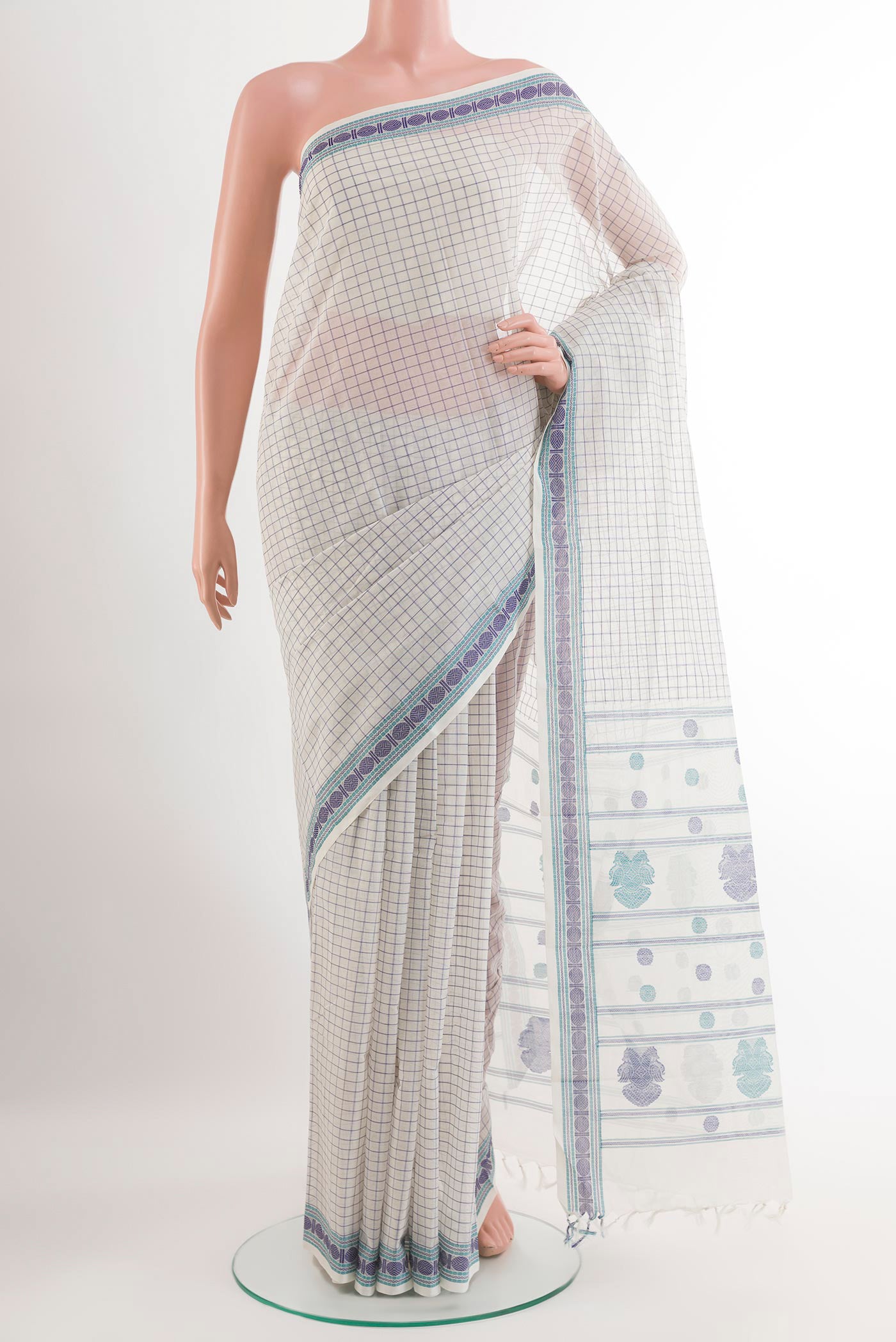 White Kanchi Cotton Saree with Checked design on the body and Thread Embroidery Border.  displayed on a mannequin