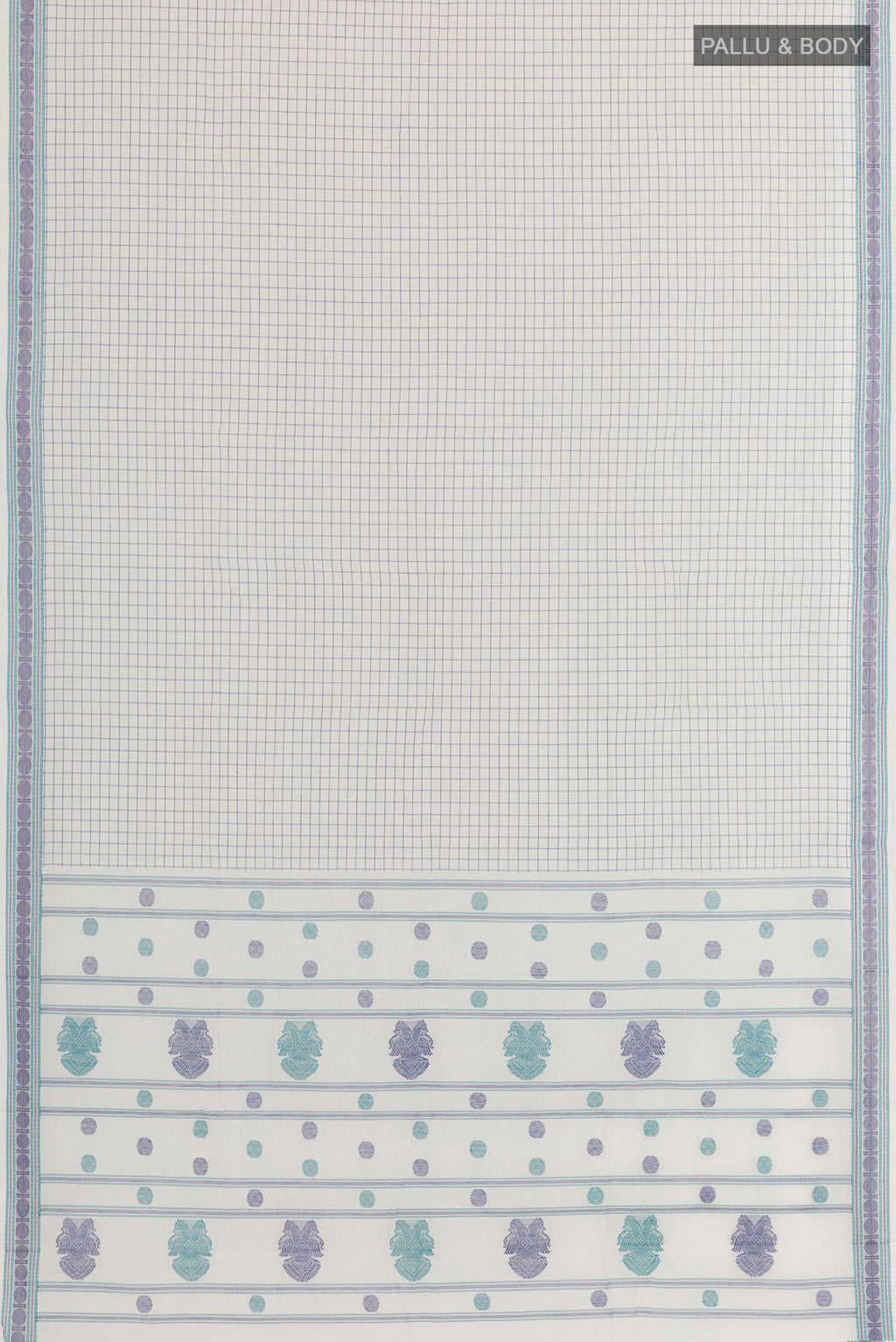 Flat view of White Kanchi Cotton Saree with Checked design on the body and Thread Embroidery Border. 