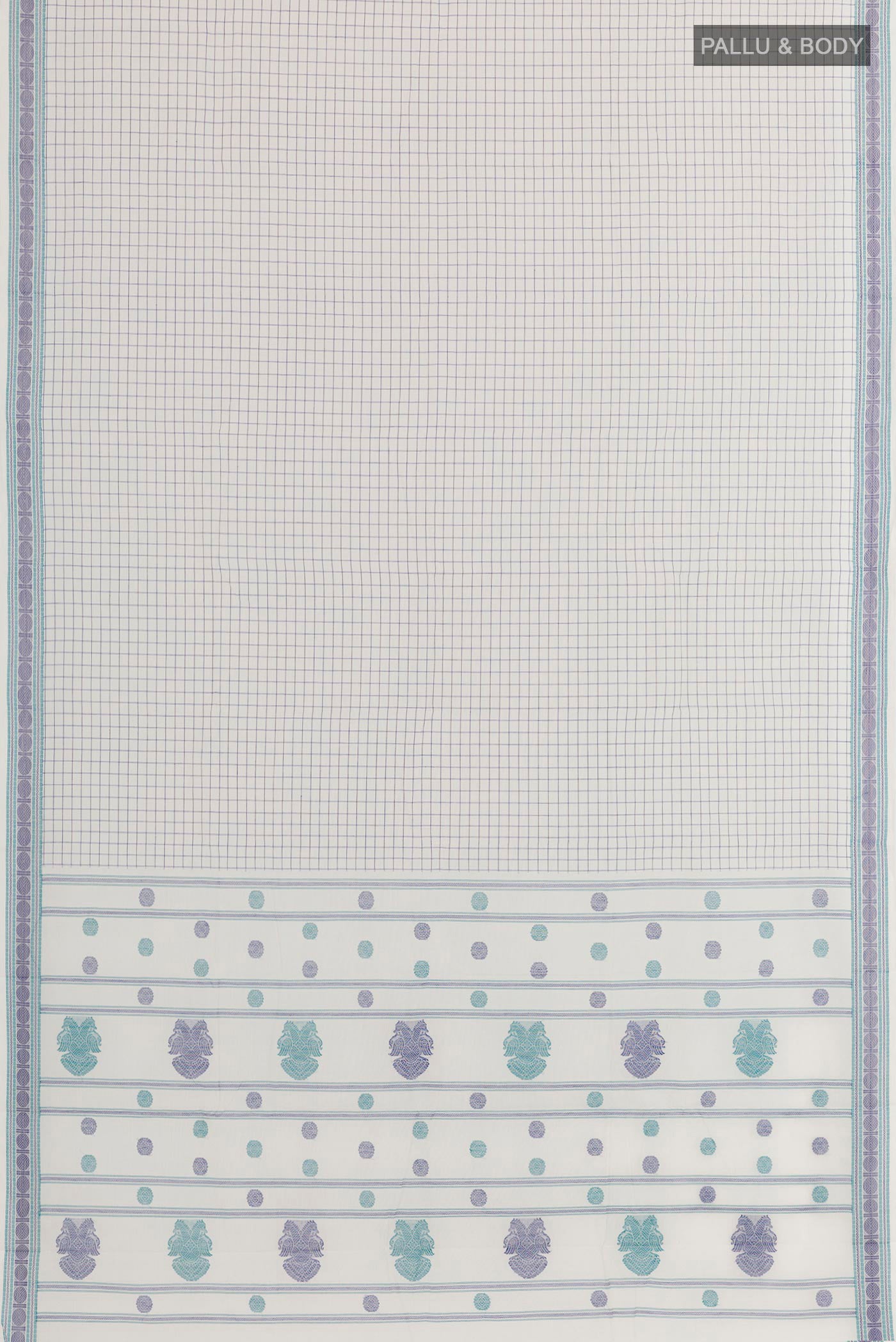 Flat view of White Kanchi Cotton Saree with Checked design on the body and Thread Embroidery Border. 