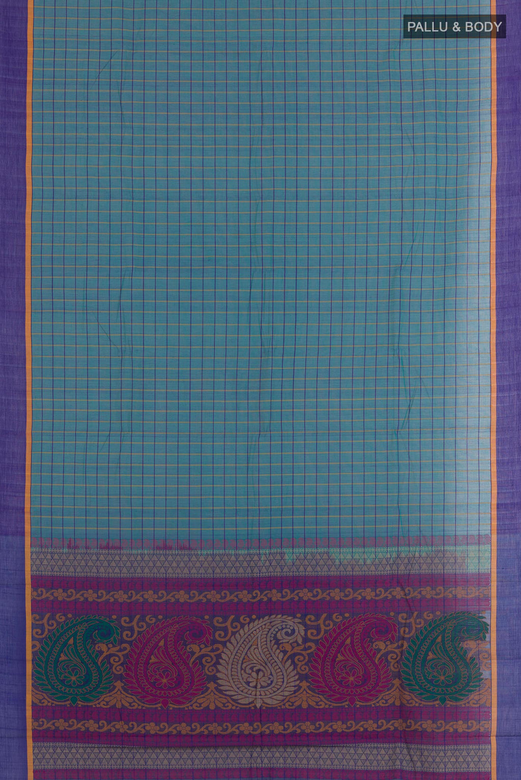 Flat view of Blue Kanchi Cotton Saree with Checked design on the body and Plain Border. 