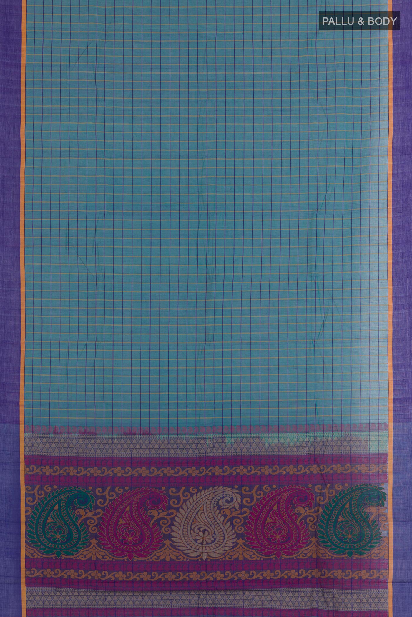 Flat view of Blue Kanchi Cotton Saree with Checked design on the body and Plain Border. 