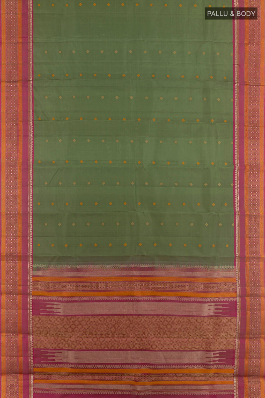 Flat view of Green Kanchipuram Silk Saree with Zari Butta on the body and Zari Border. 