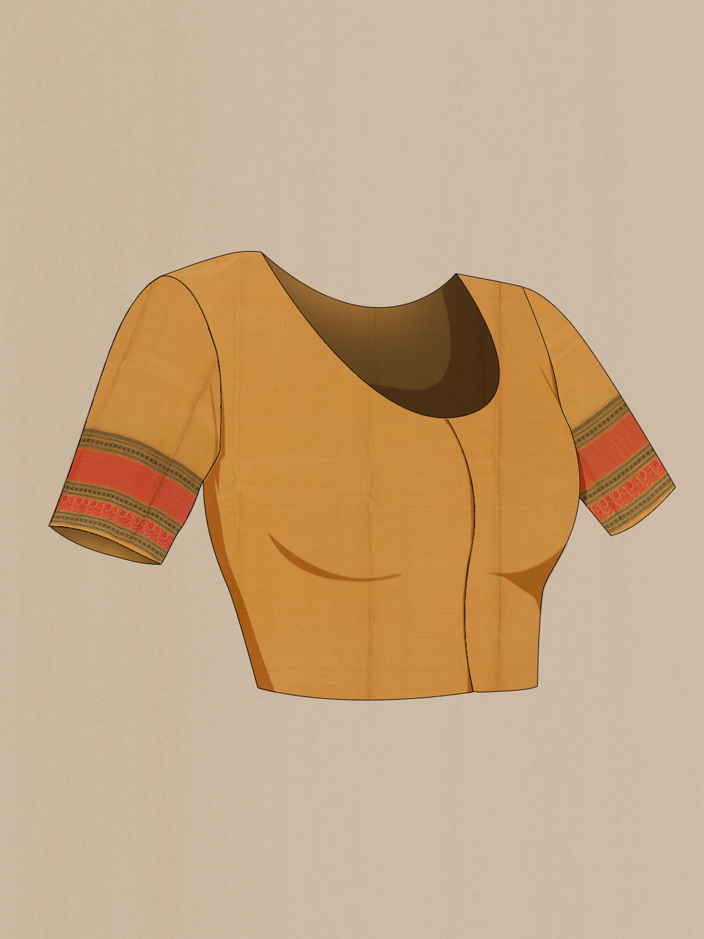 Close up image of the blouse of Beige Kanchipuram Silk Saree with Thread Butta on the body and Thread Embroidery Border. 