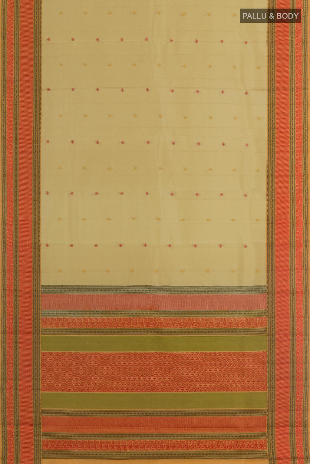 Flat view of Beige Kanchipuram Silk Saree with Thread Butta on the body and Thread Embroidery Border. 