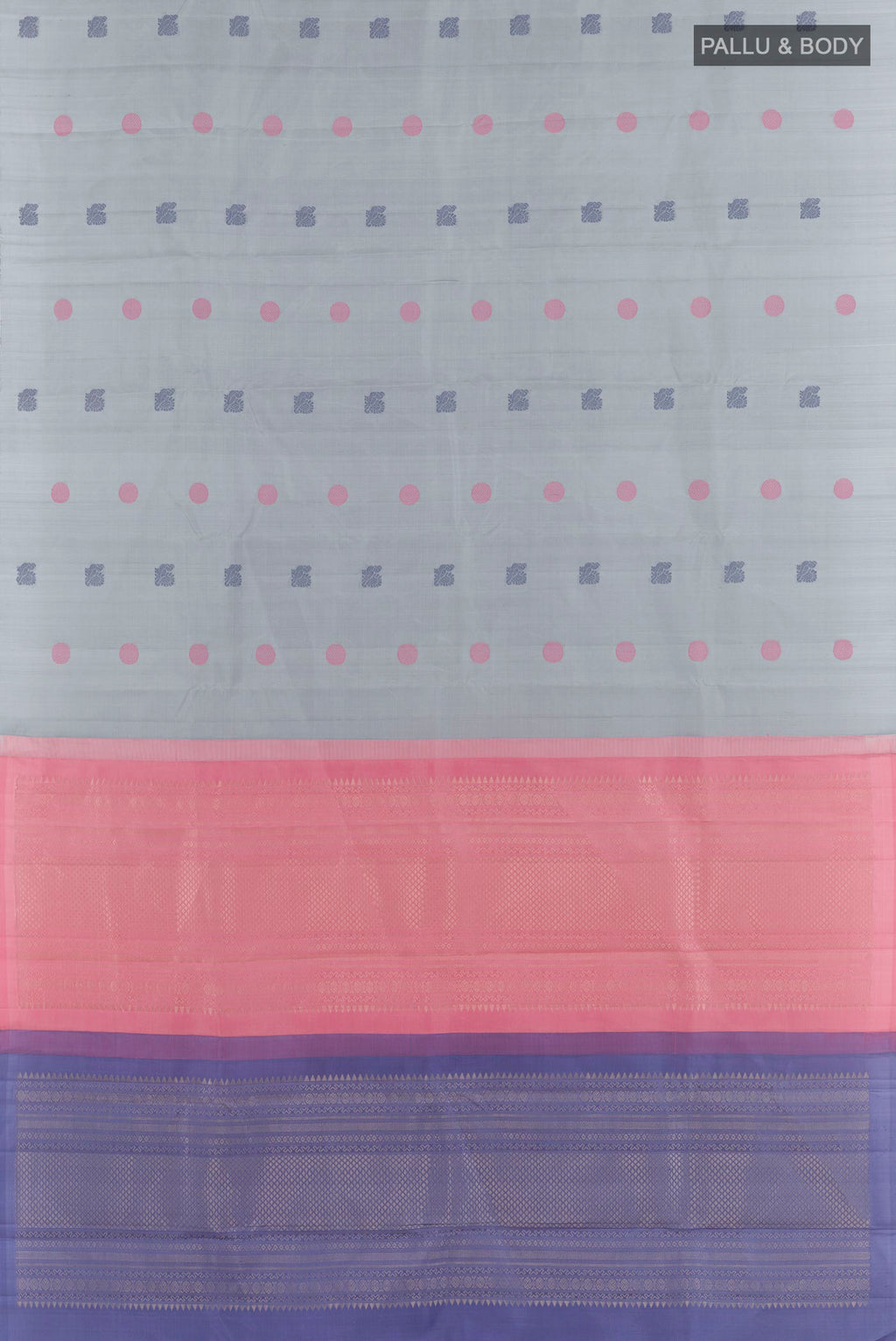 Flat view of Blue Grey Kanchipuram Silk Saree with Thread Butta on the body and Zari Border. 