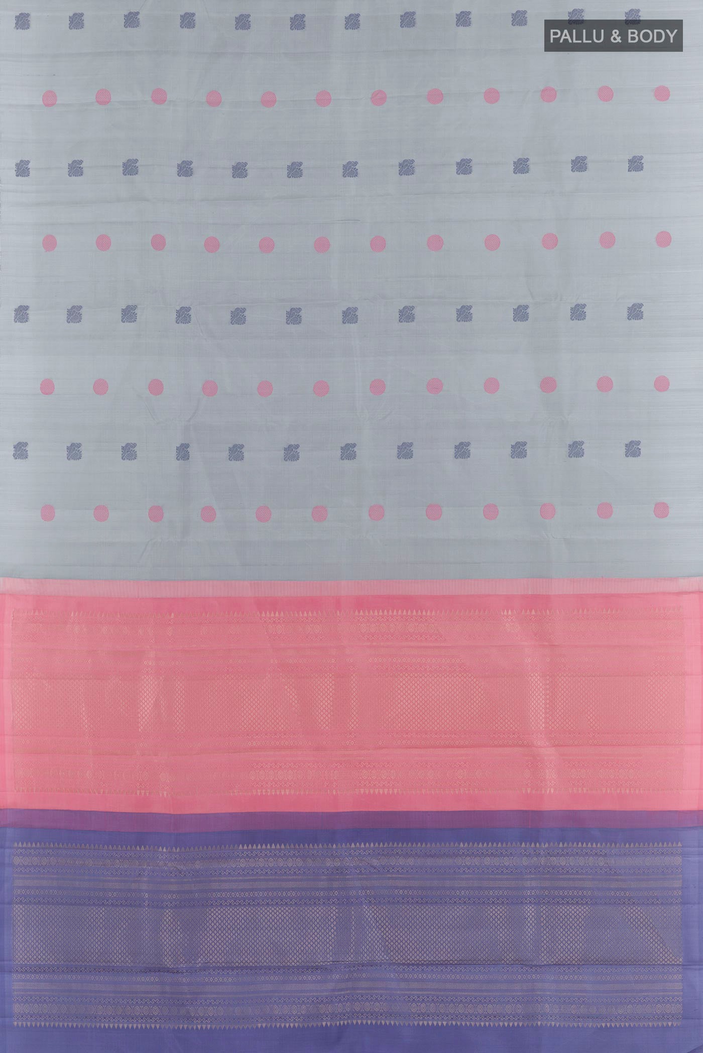 Flat view of Blue Grey Kanchipuram Silk Saree with Thread Butta on the body and Zari Border. 