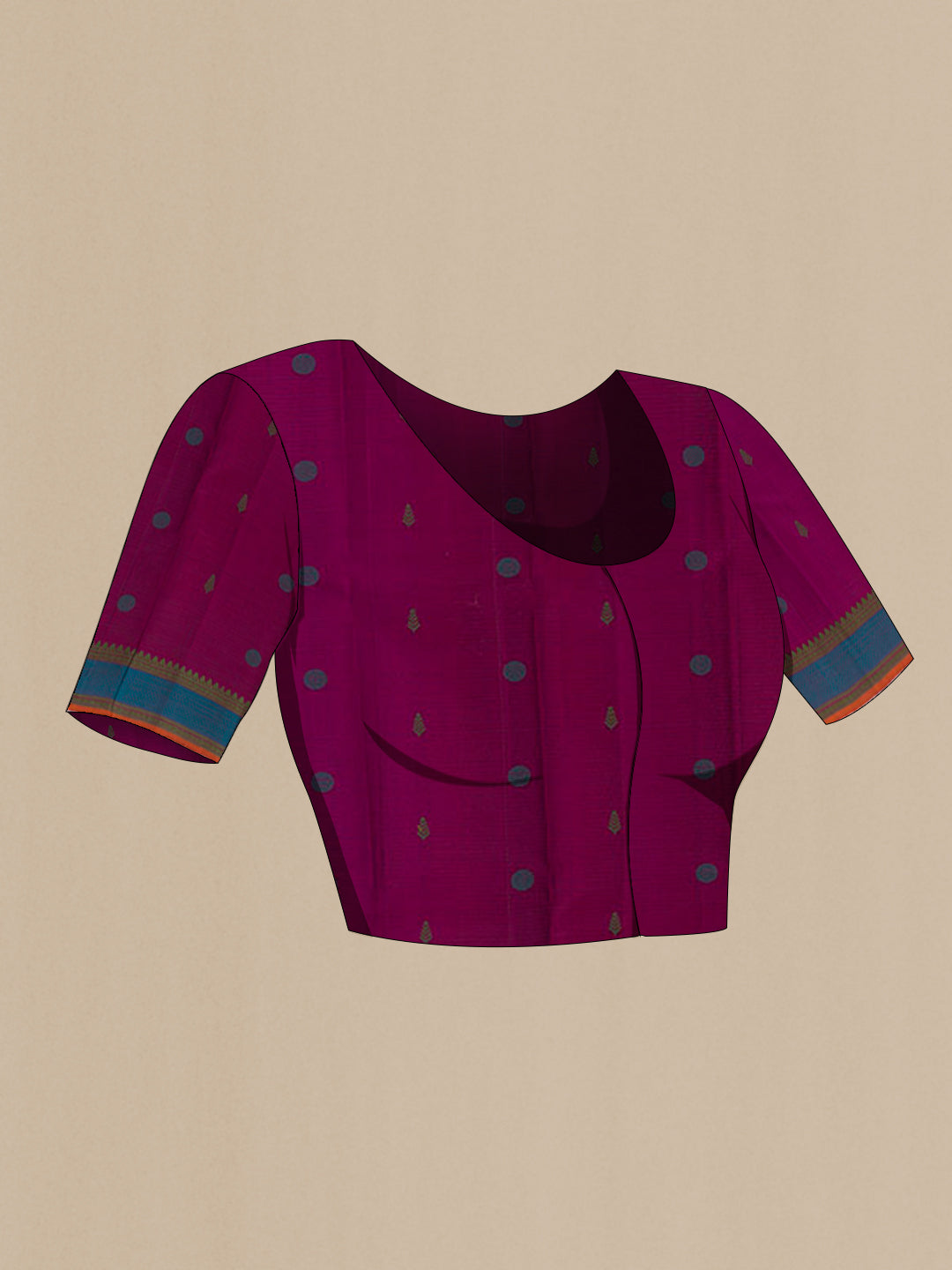 Close up image of the blouse of Blue Kanchipuram Silk Saree with Stripes on the body and Thread Embroidery Border. 