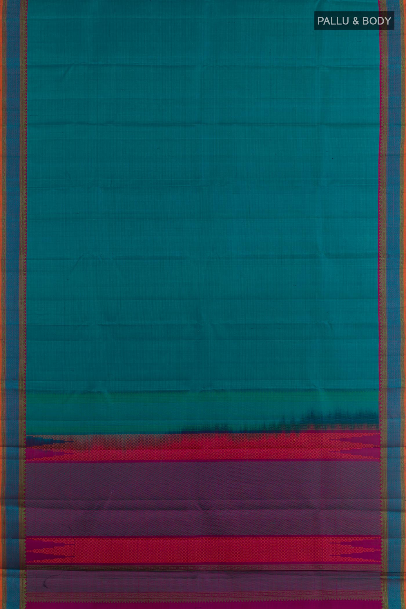 Flat view of Blue Kanchipuram Silk Saree with Stripes on the body and Thread Embroidery Border. 