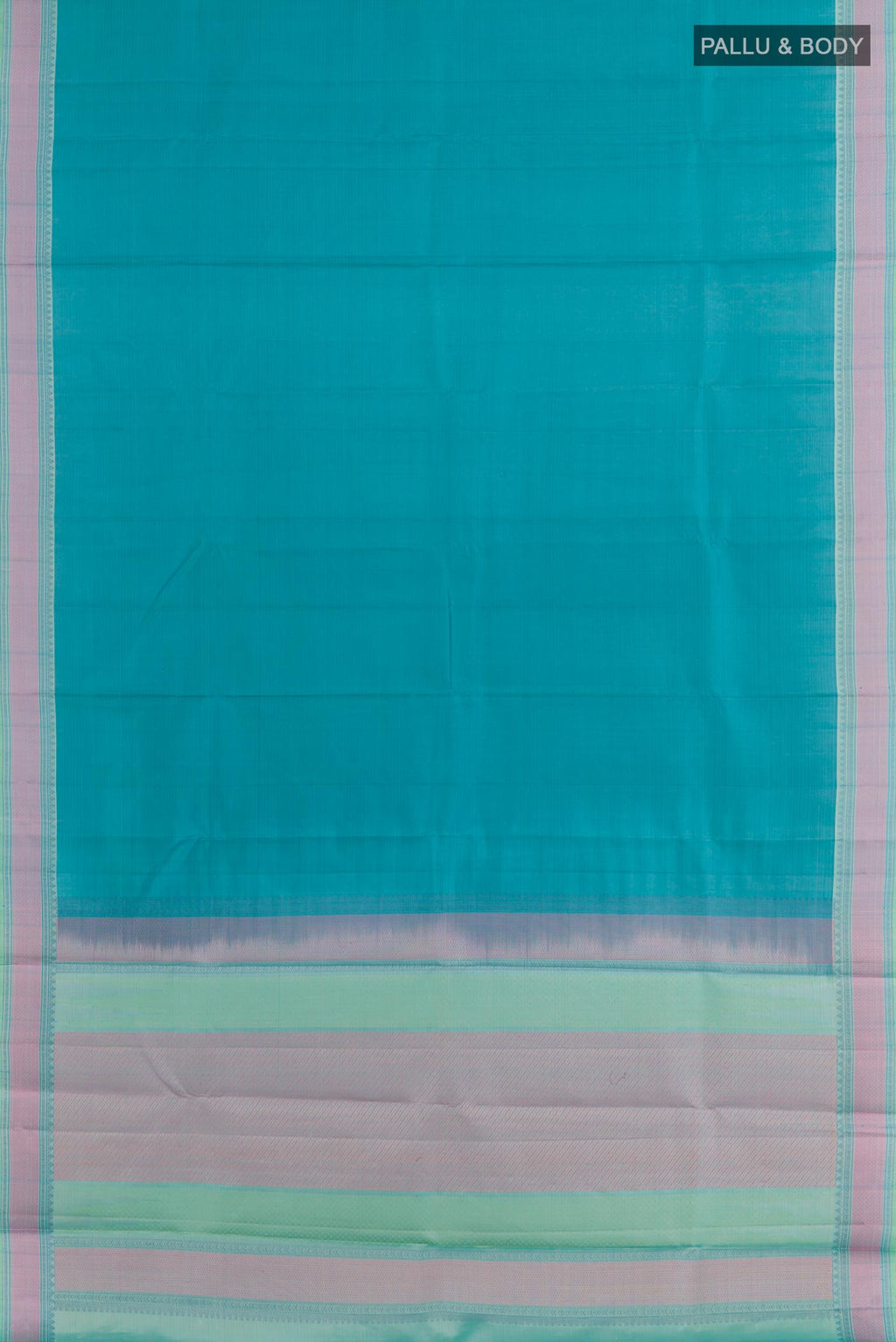 Flat view of Blue Kanchipuram Silk Saree with Plain Body and Thread Embroidery Border. 