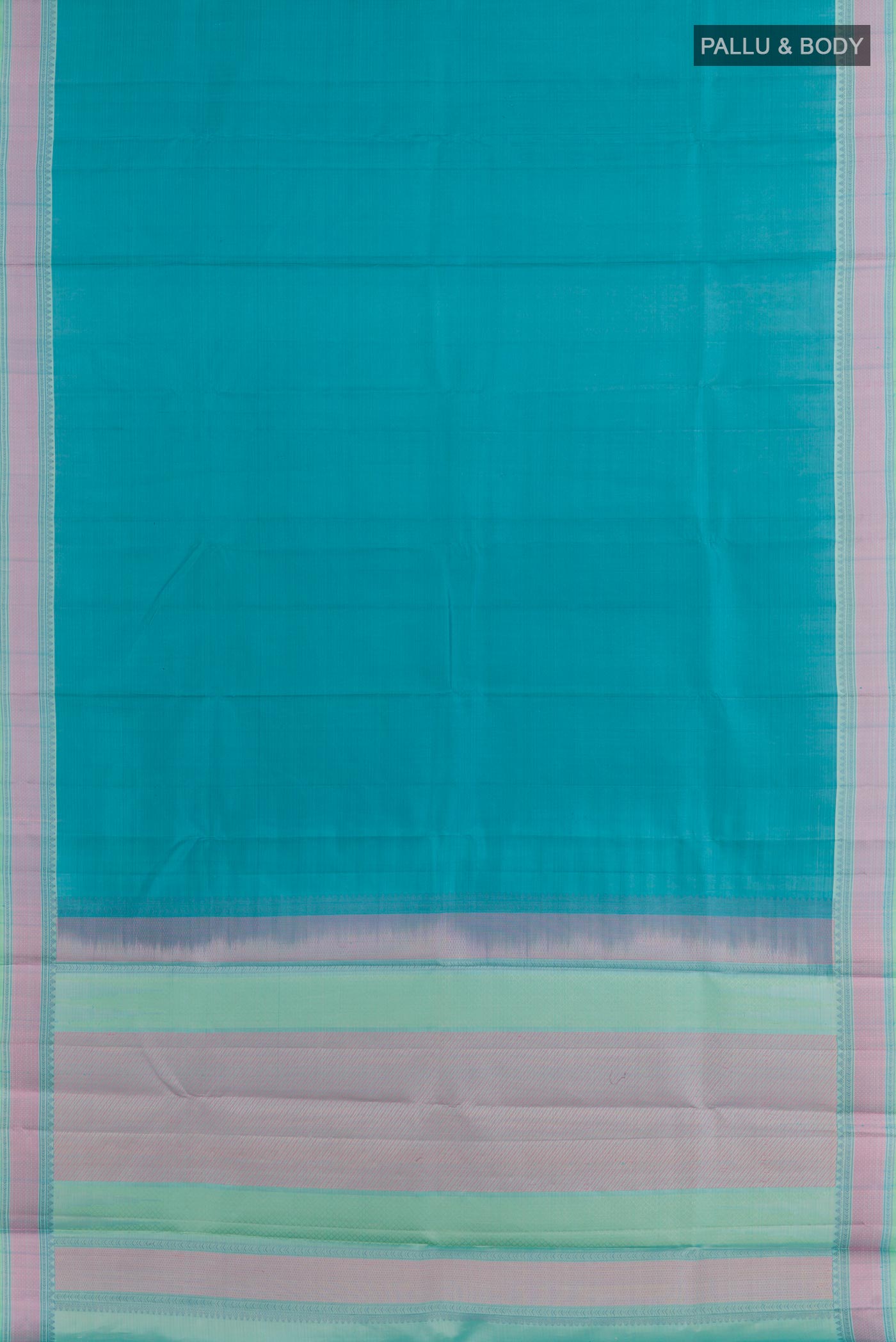 Flat view of Blue Kanchipuram Silk Saree with Plain Body and Thread Embroidery Border. 