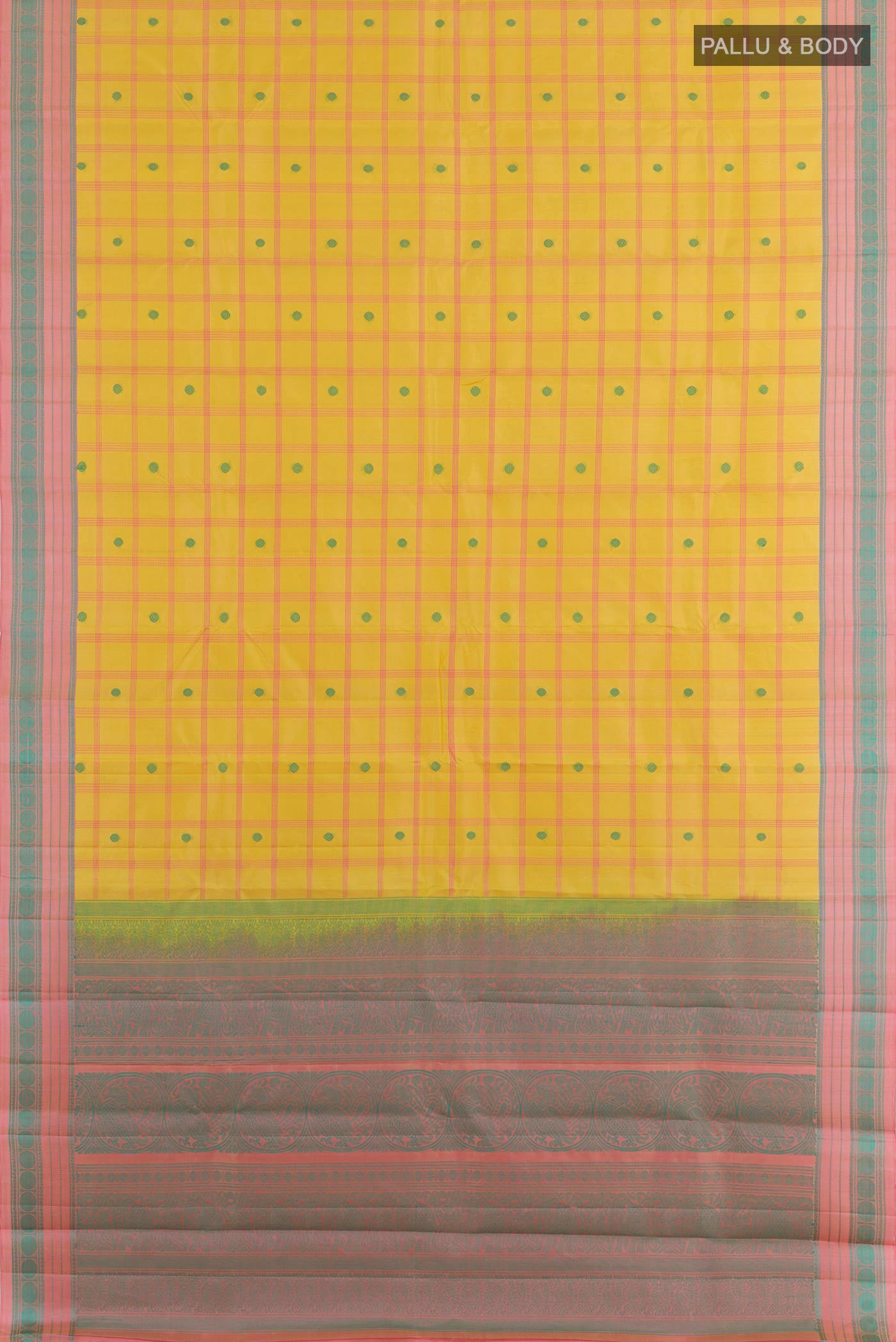 Flat view of Yellow Kanchipuram Silk Saree with Checked design on the body and Thread Embroidery Border. 