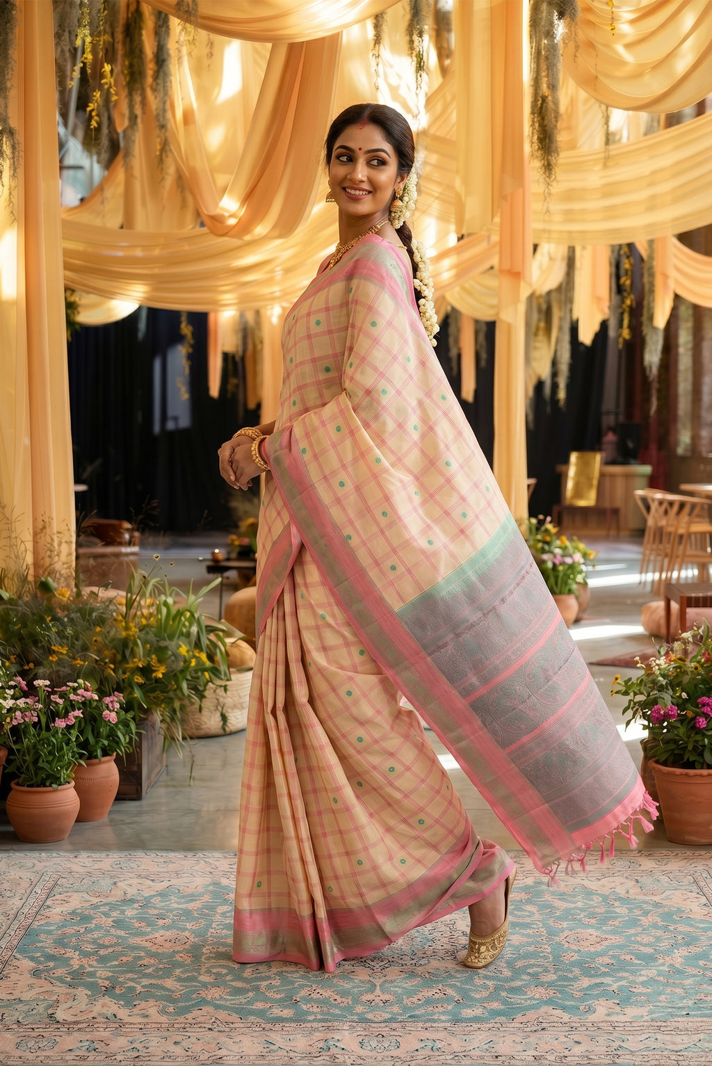 Model wearing a Sandal Kanchipuram Silk Saree with Thread Butta on the body and Thread Border.