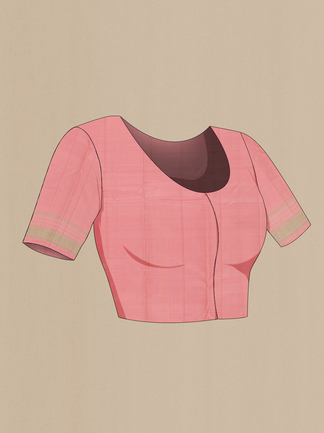 Close up image of the blouse of Cream Kanchipuram Silk Saree with Thread Butta on the body and Thread Embroidery Border. 