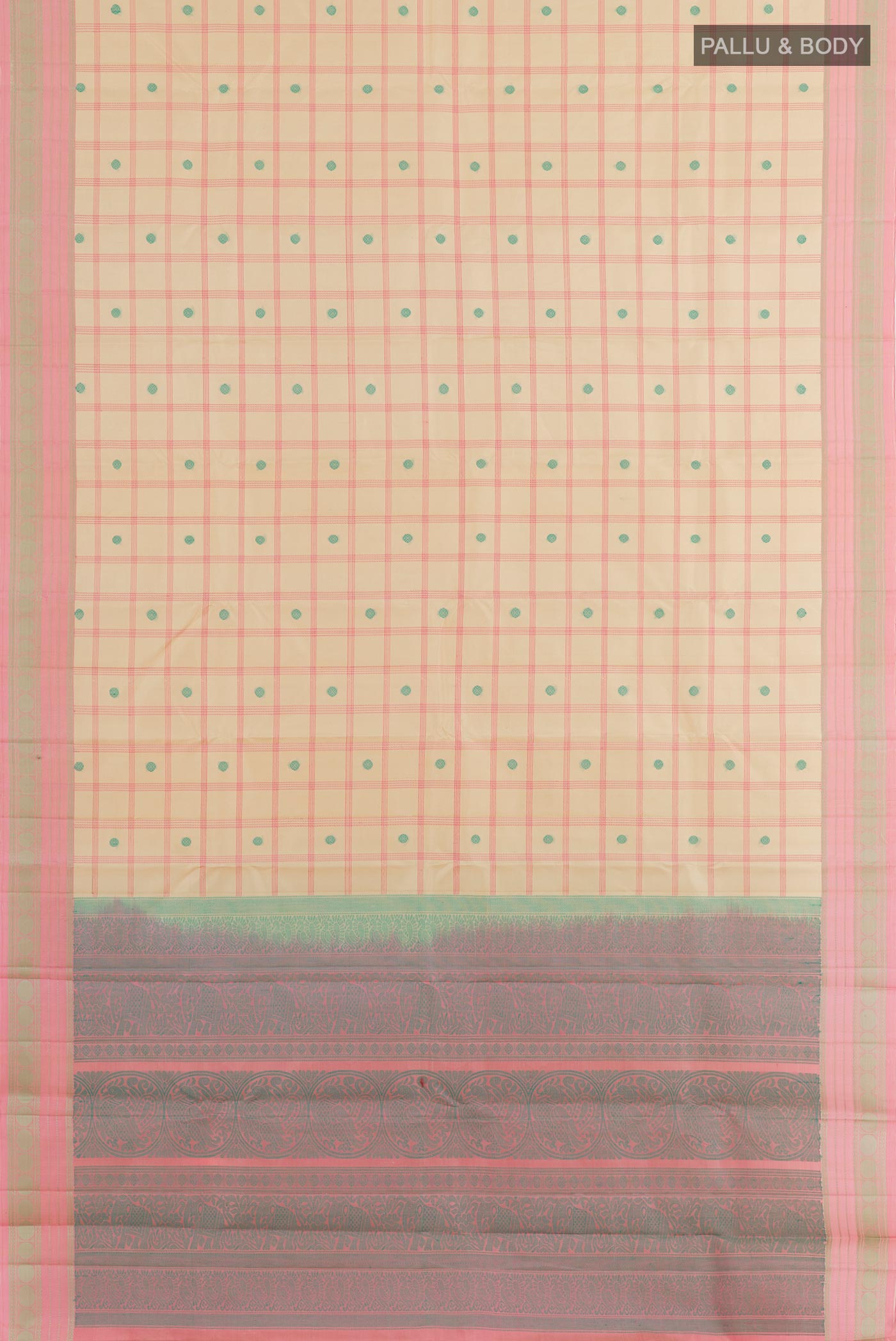 Flat view of Cream Kanchipuram Silk Saree with Thread Butta on the body and Thread Embroidery Border. 