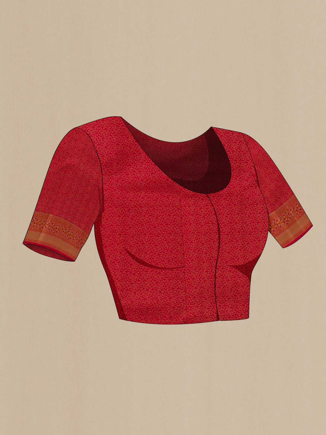 Close up image of the blouse of Orange Kanchipuram Silk Saree with Stripes on the body and Zari Border. 