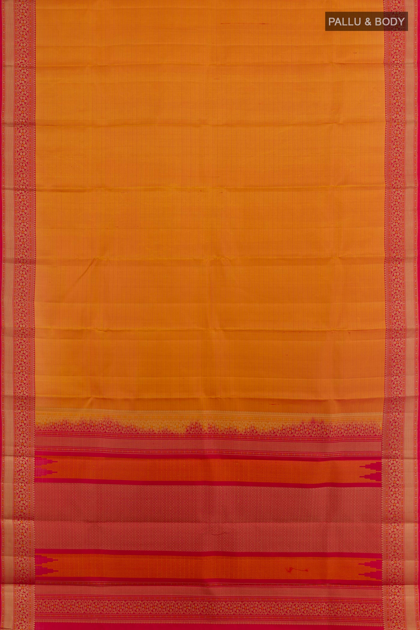 Flat view of Orange Kanchipuram Silk Saree with Stripes on the body and Zari Border. 