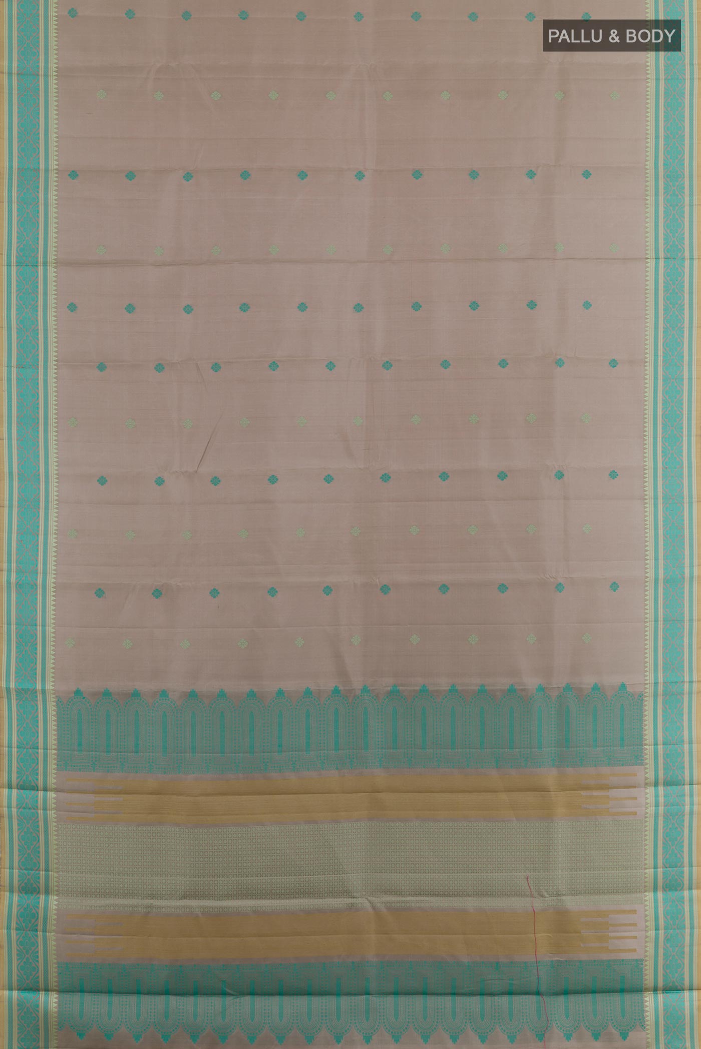 Flat view of Grey Kanchipuram Silk Saree with Thread Butta on the body and Without Border. 