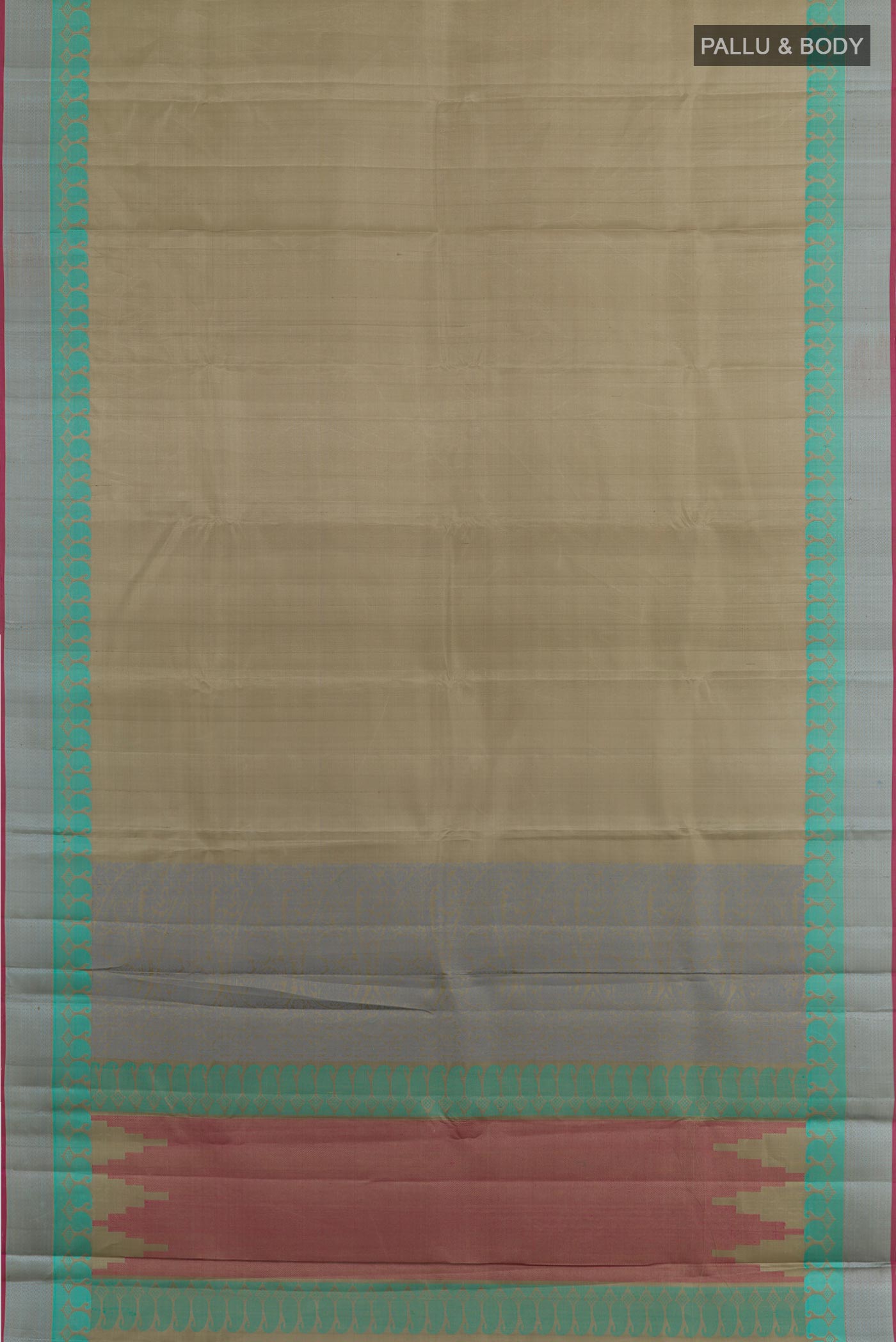 Flat view of Grey Kanchipuram Silk Saree with Plain Body and Thread Embroidery Border. 